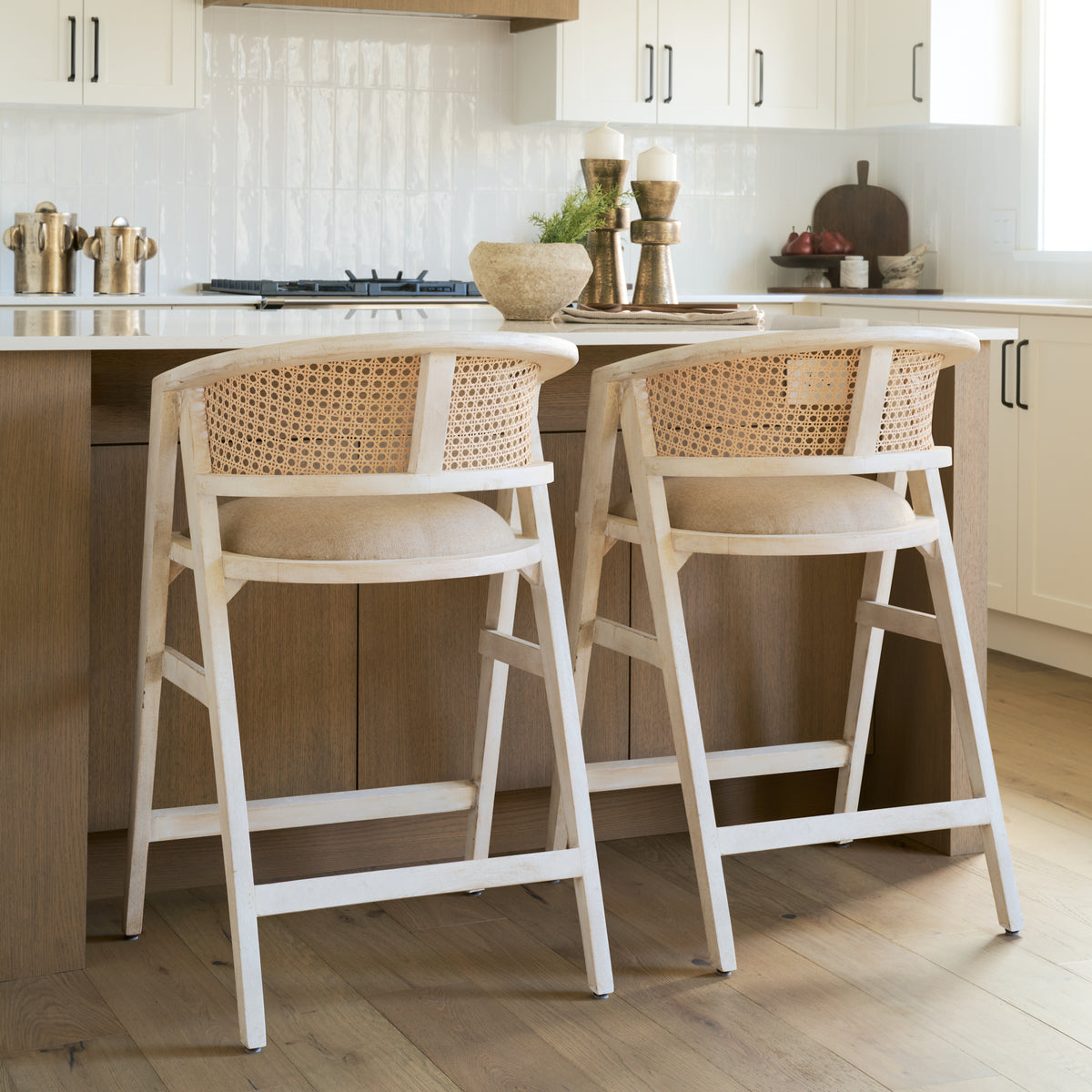 Tabitha Beige/Blonde Fabric/Rattan Seat Wood Frame Counter Stool - Ornate Home