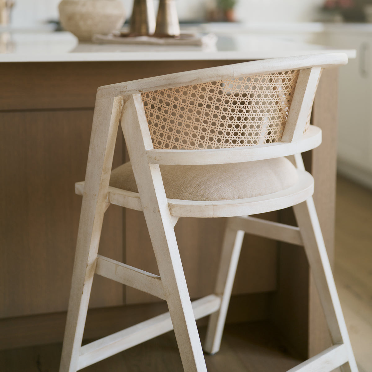 Tabitha Beige/Blonde Fabric/Rattan Seat Wood Frame Counter Stool - Ornate Home