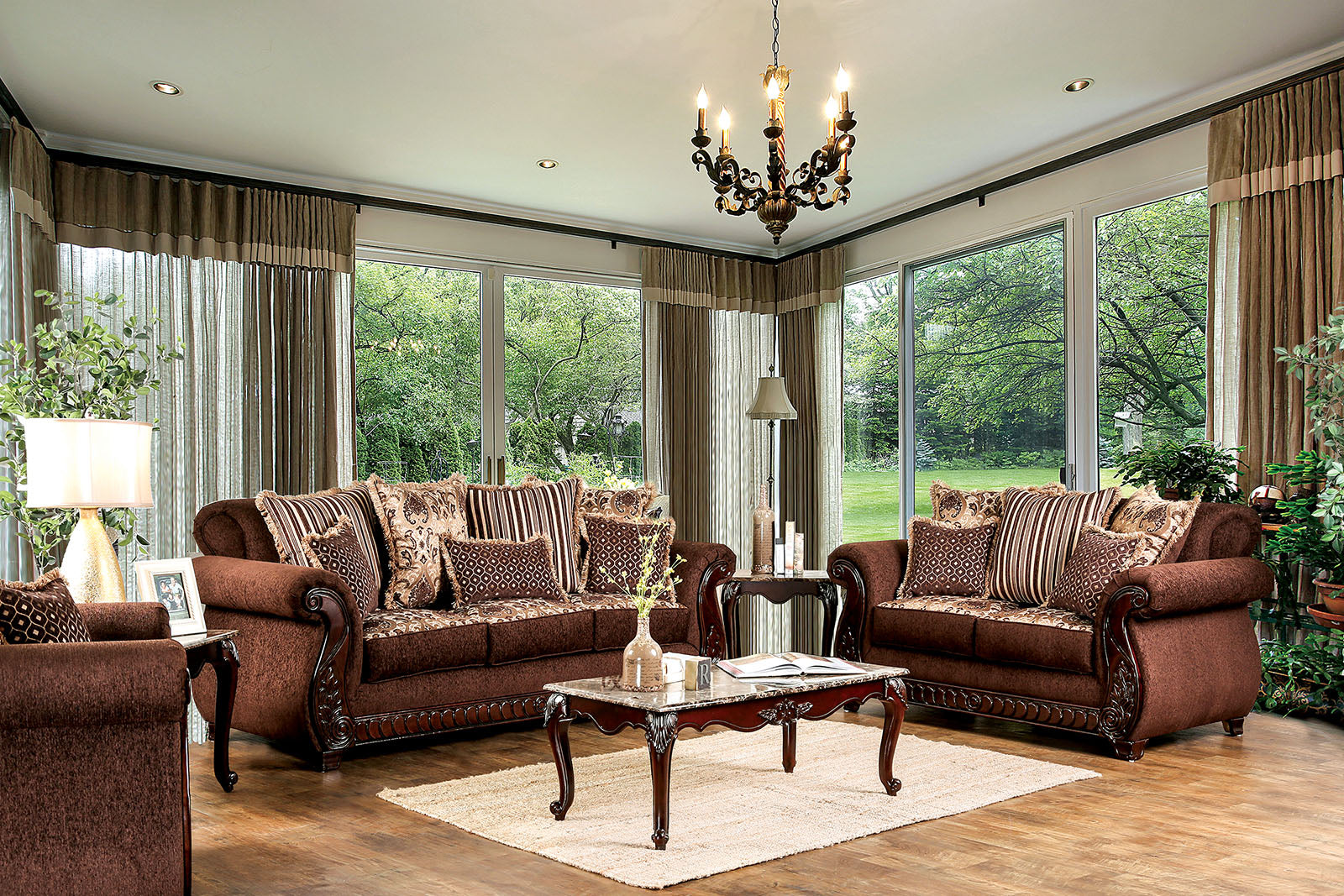 Tabitha Brown & Gold Stationary Sofa & Loveseat 2pc - Ornate Home