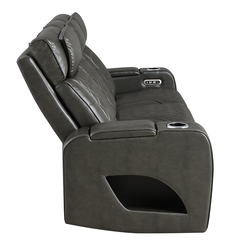 Taddeo Dark Gray Leatherette Power Motion Sofa w/Dropdown Table - Ornate Home