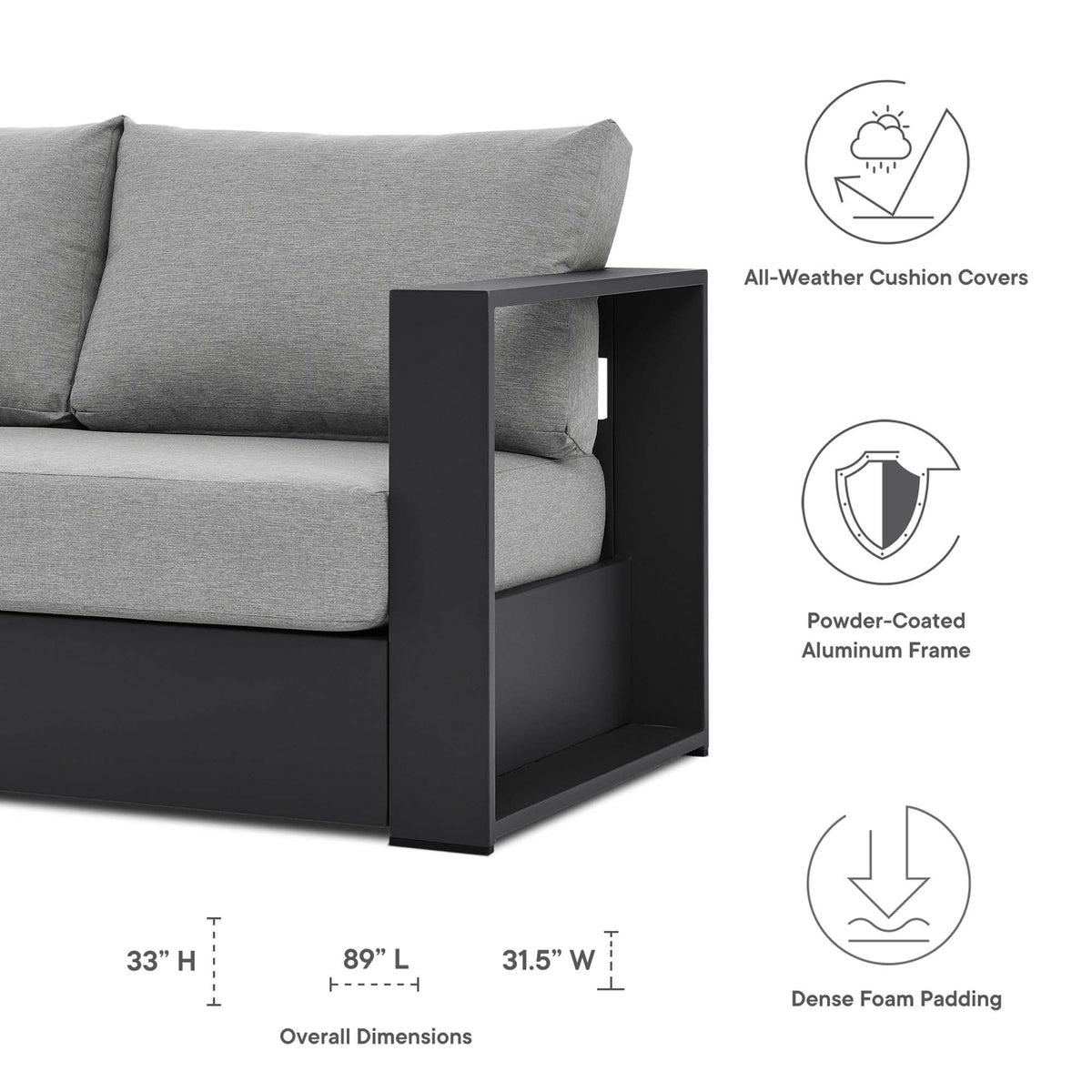 Tahoe Gray Outdoor Patio Powder-Coated Aluminum Sofa - Ornate Home