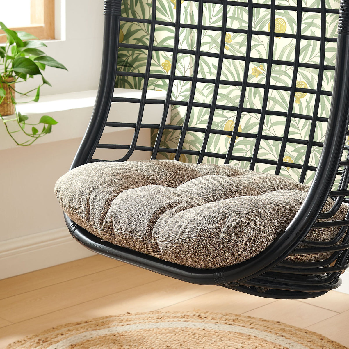 Tamsin Black Tan Open Grid Weave Natural Rattan Hanging Chair