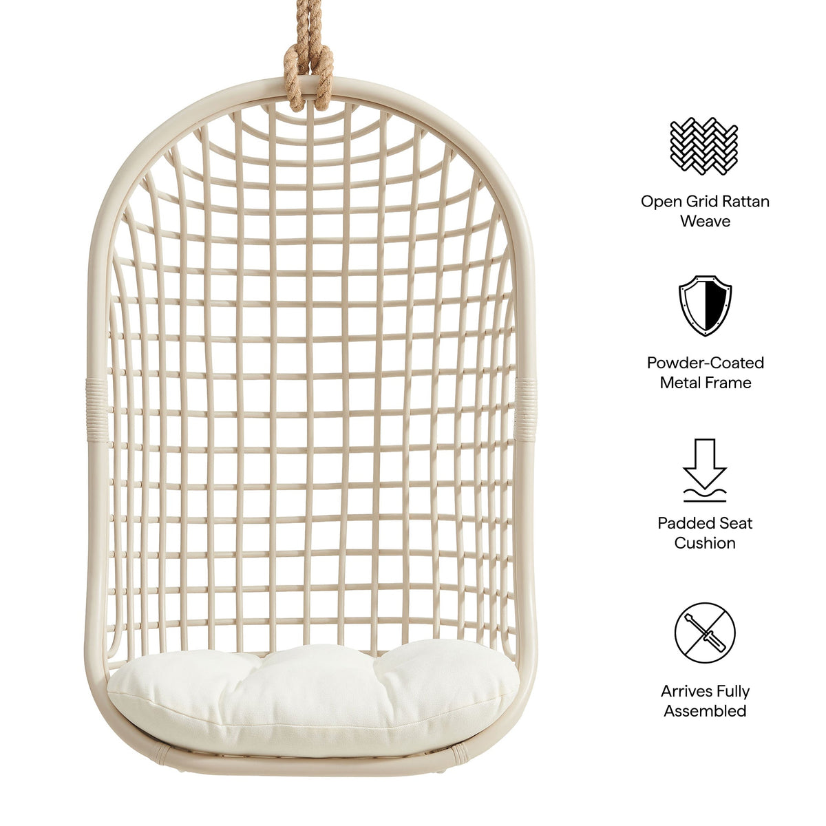 Tamsin Light Tan White Open Grid Weave Natural Rattan Hanging Chair