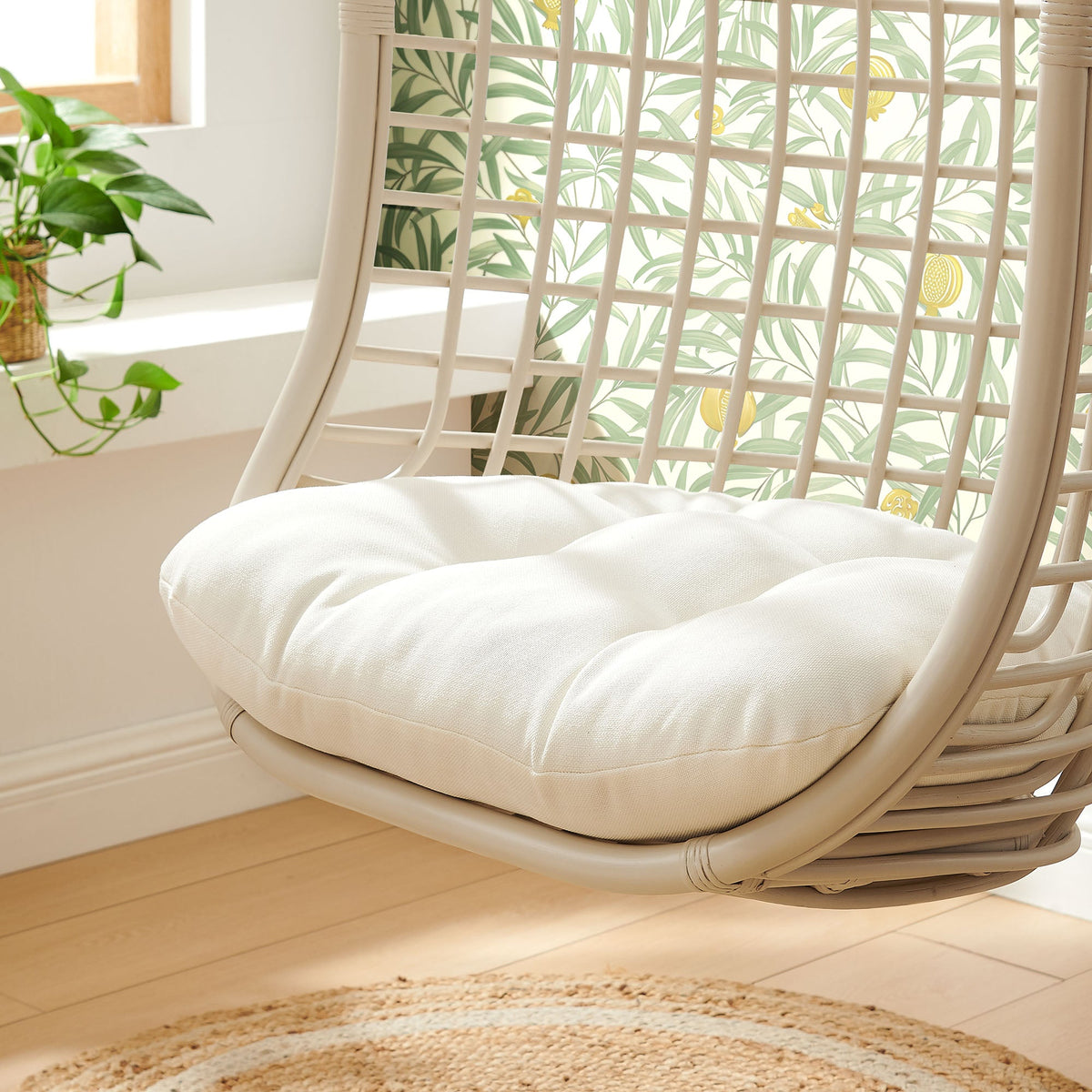 Tamsin Light Tan White Open Grid Weave Natural Rattan Hanging Chair