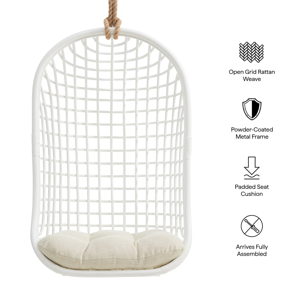 Tamsin White Light Beige Open Grid Weave Natural Rattan Hanging Chair