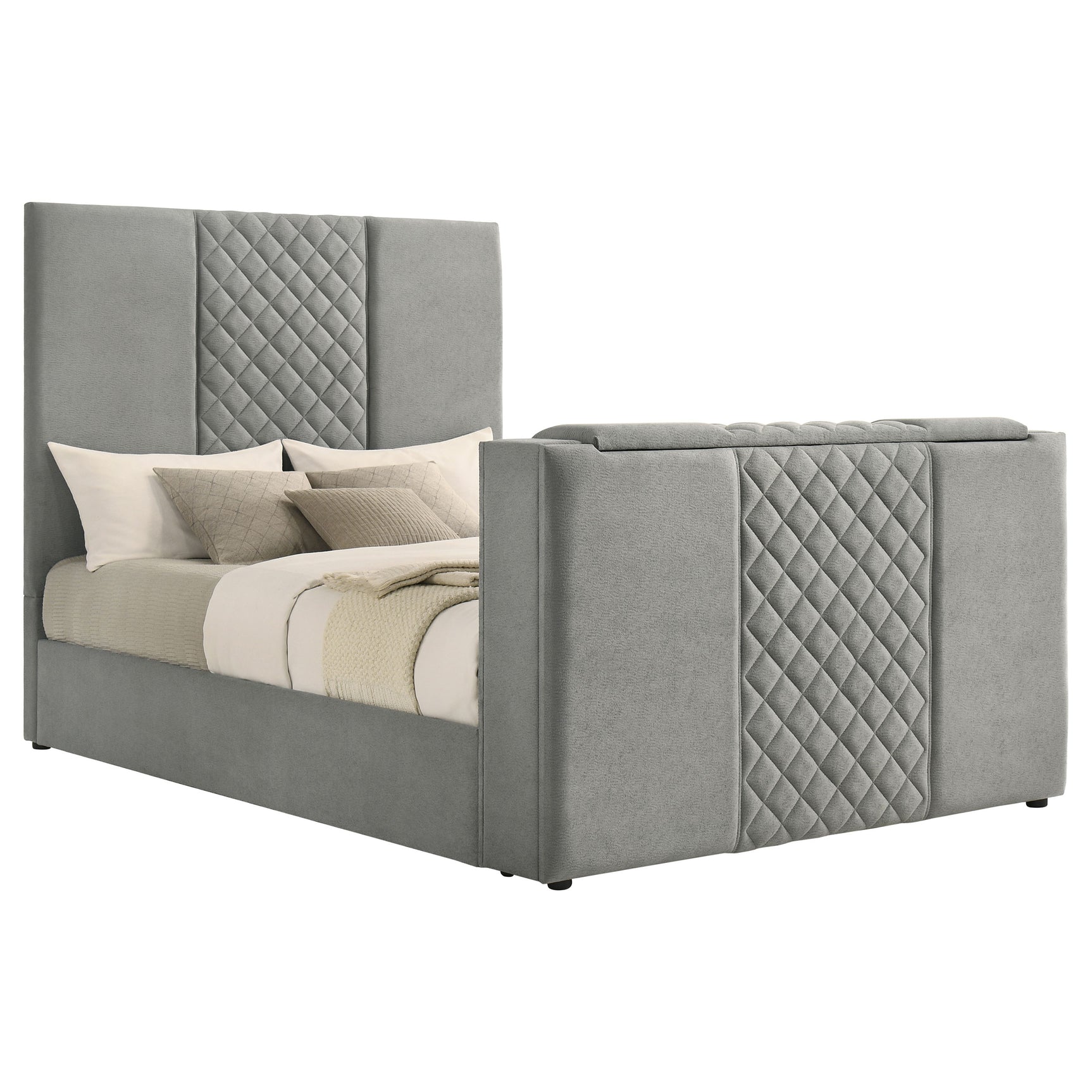 Tara Grey 61-inch Upholstered Queen Panel TV Bed - Ornate Home