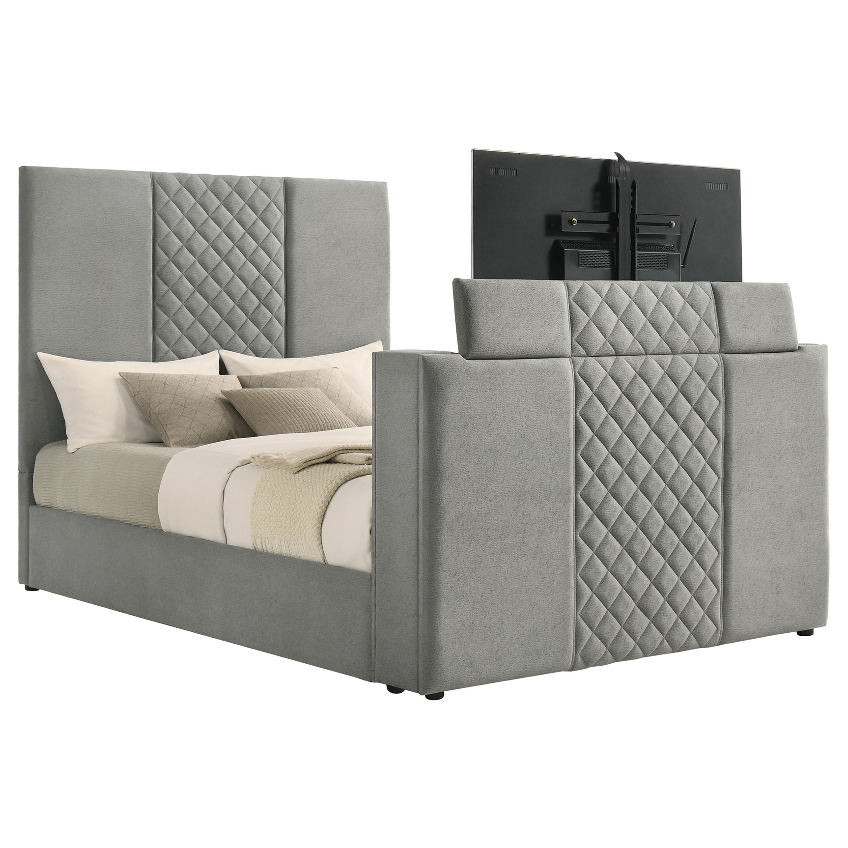Tara Grey 61-inch Upholstered Queen Panel TV Bed - Ornate Home