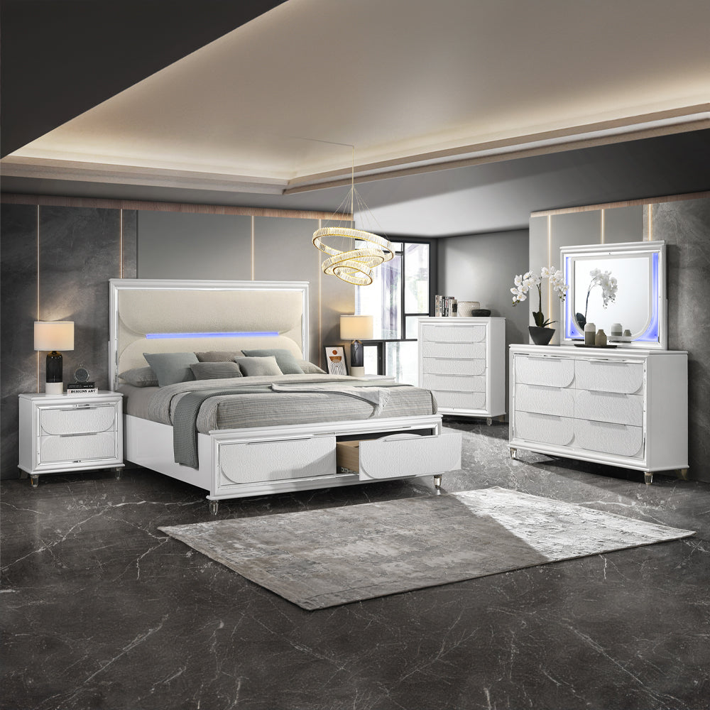 Tarian White Ek Bed W/Led & Storage - Ornate Home