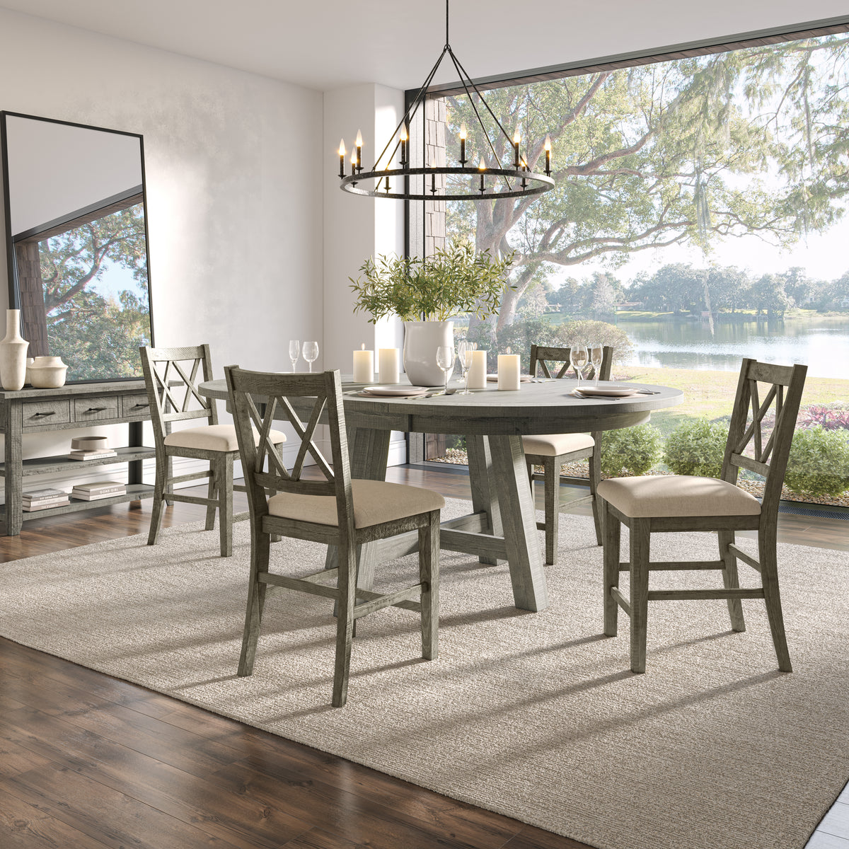 Telluride Driftwood Round Counter Dining Table w/ 4 X-Back Stools - Ornate Home