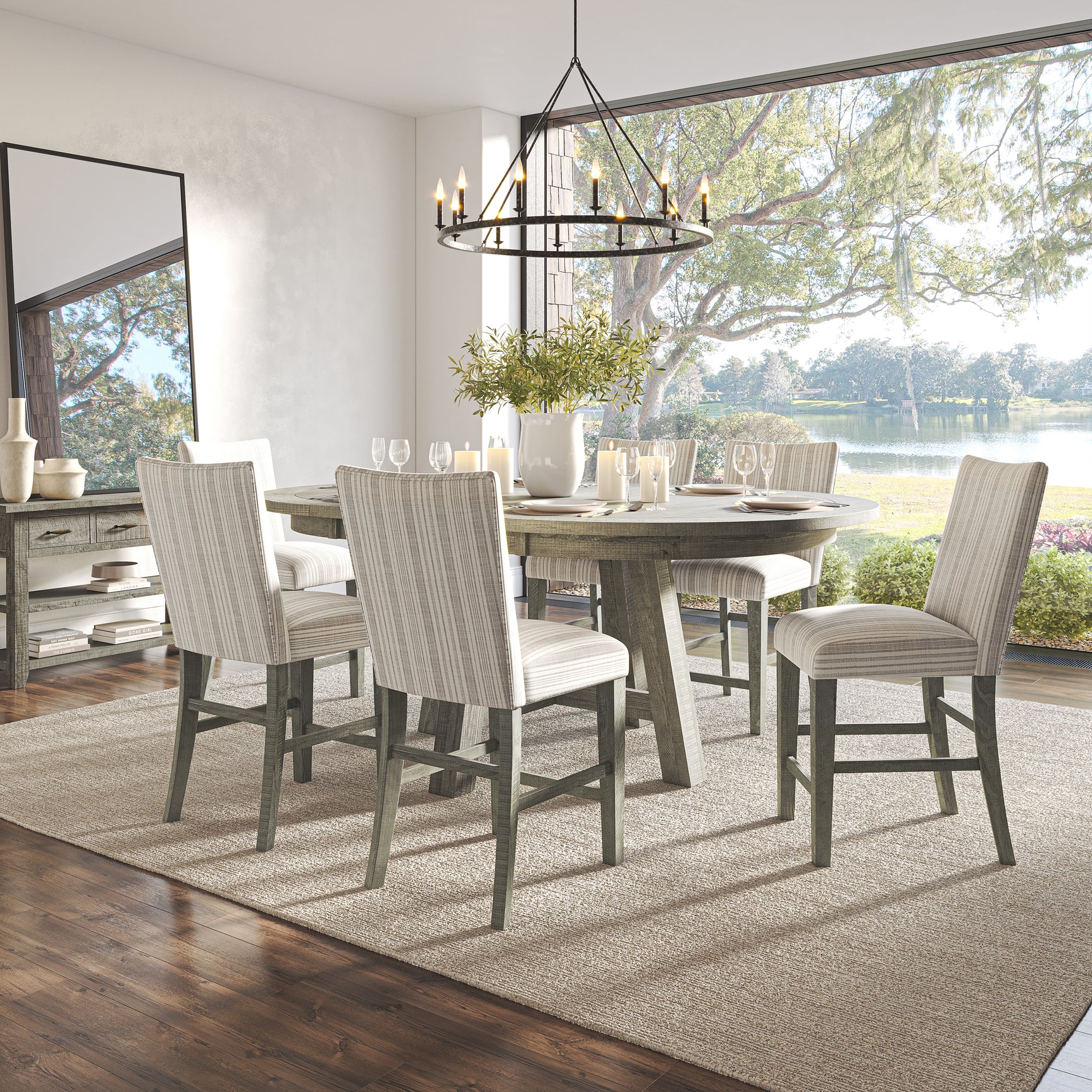 Telluride Driftwood Round Dining Table w/ 4 X-Back Chairs - Ornate Home