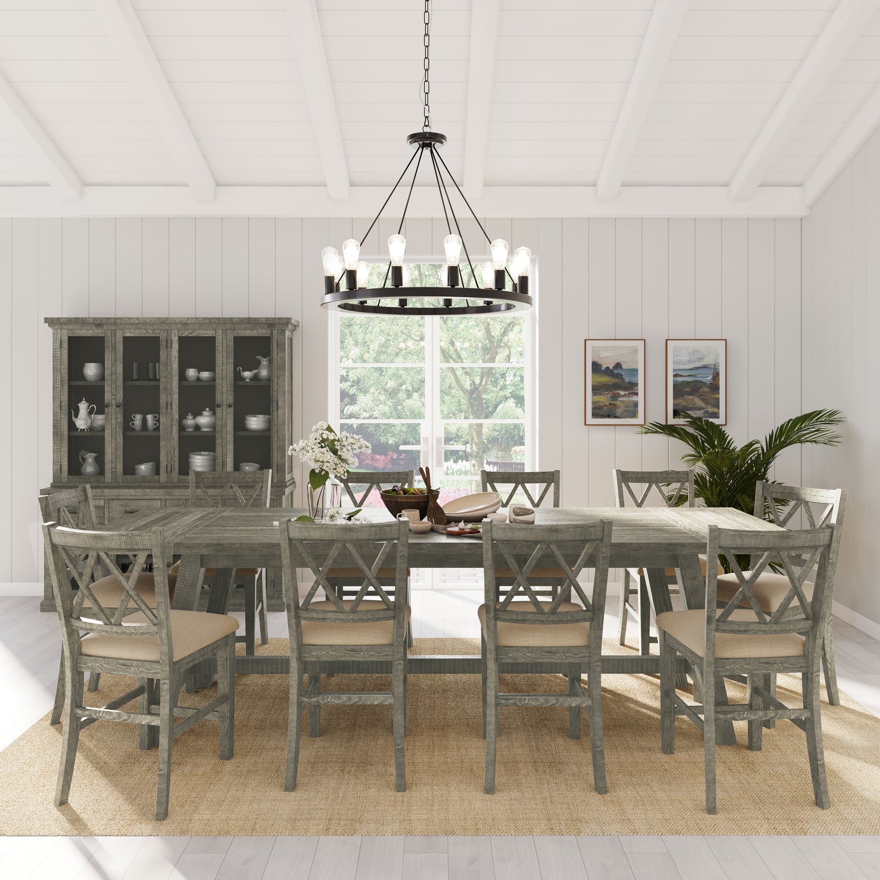 Telluride Driftwood Trestle Counter Dining Table w/ 10 Stools - Ornate Home