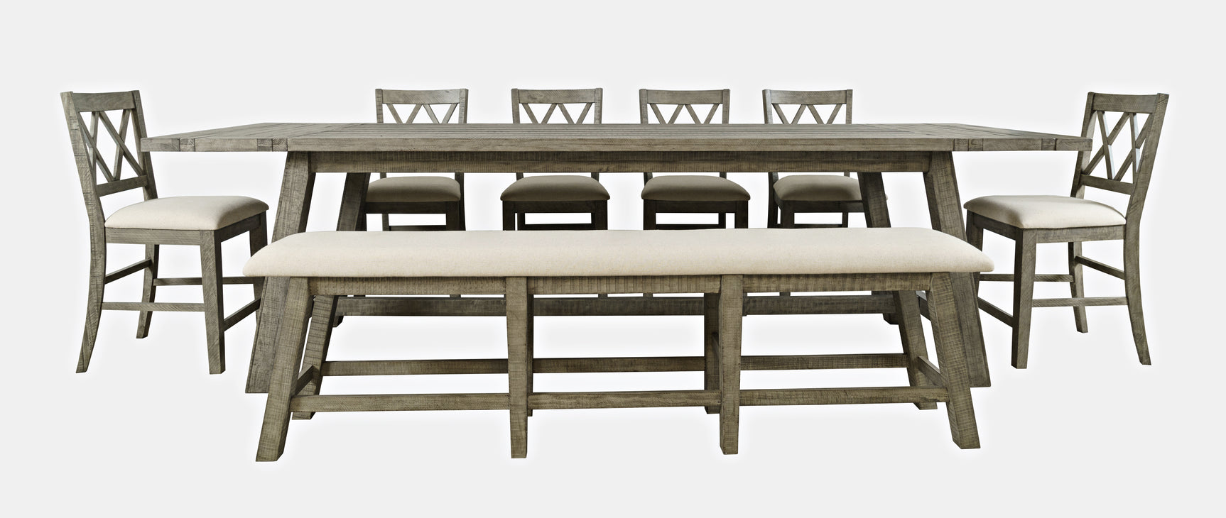 Telluride Driftwood Trestle Counter Dining Table w/ 6 Stools, Bench - Ornate Home