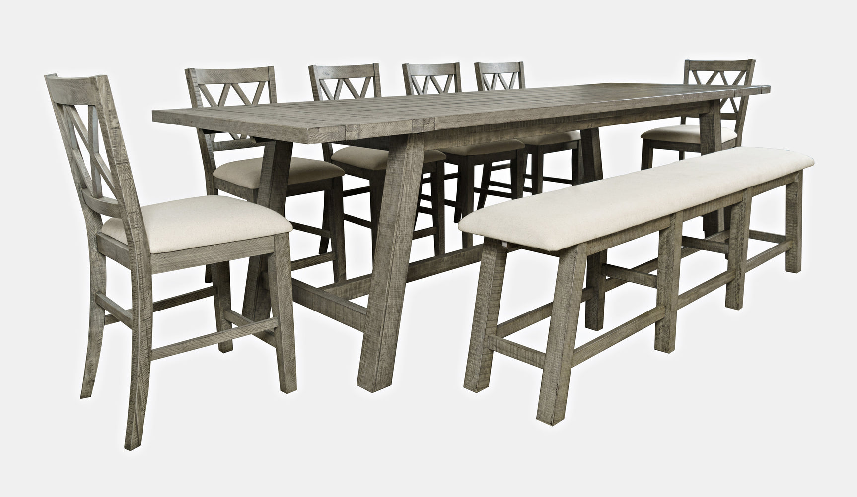 Telluride Driftwood Trestle Counter Dining Table w/ 6 Stools, Bench - Ornate Home