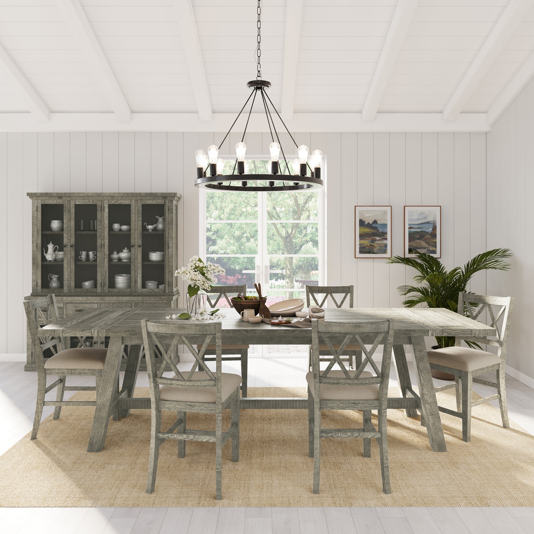 Telluride Driftwood Trestle Counter Dining Table w/ 6 Stools - Ornate Home