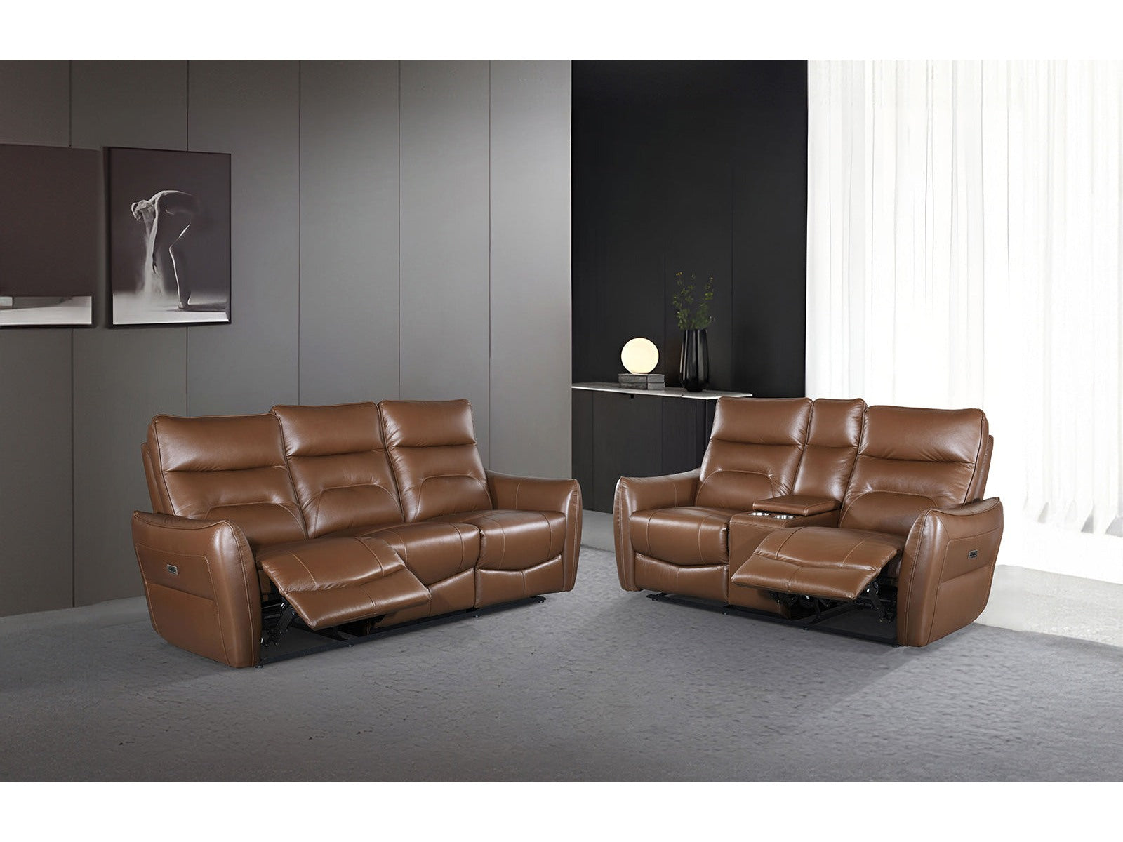 Terentius Caramel Brown Leather Match Reclining Living Room Set - Ornate Home