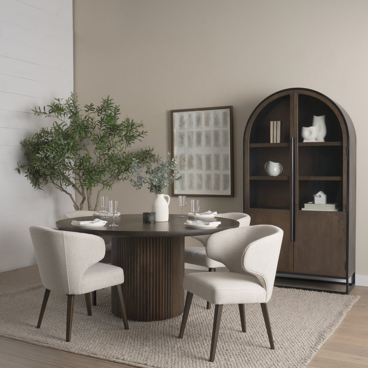 Terra Dark Brown Round Fluted 6-Piece Dining Set with Sloan Cabinet - Ornate Home