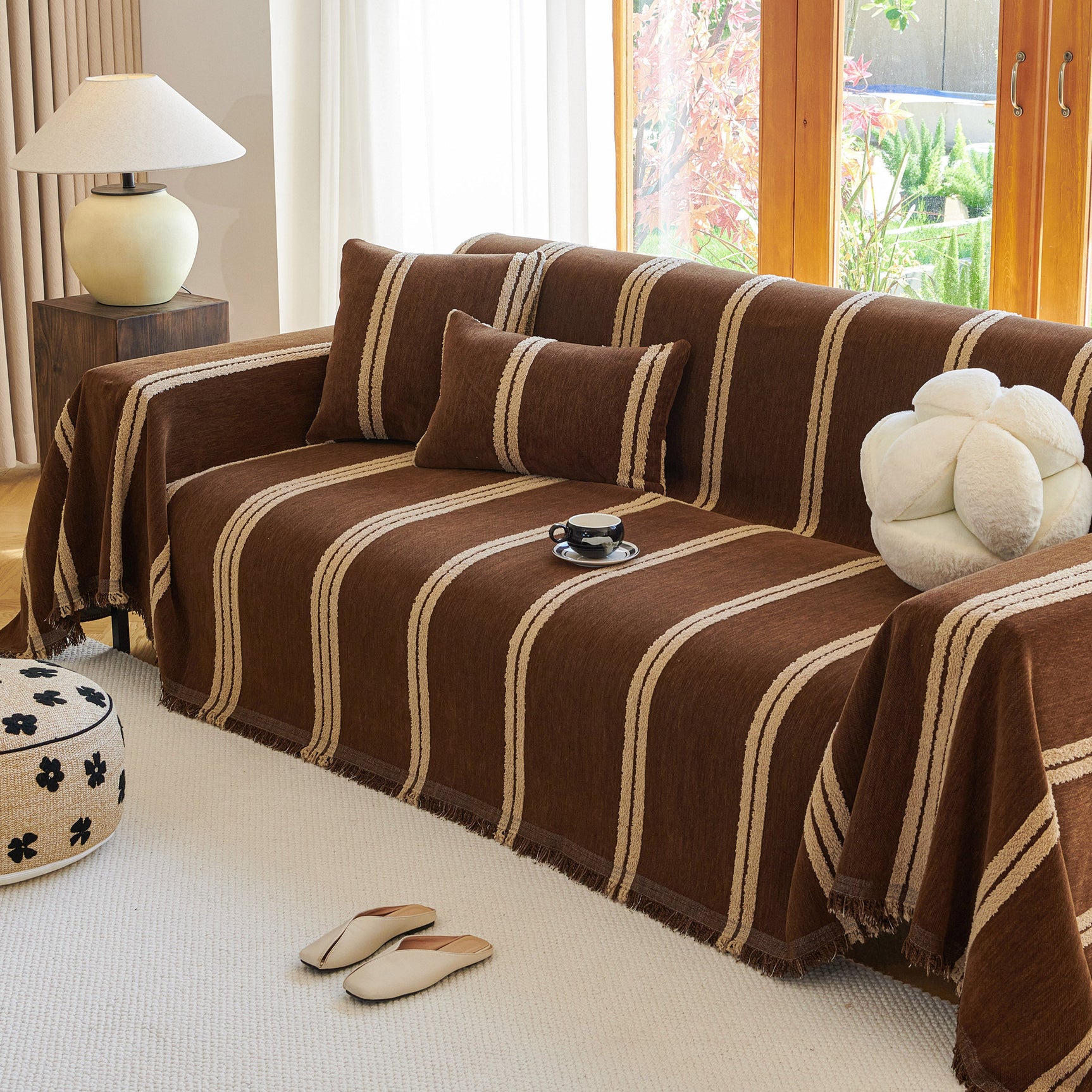 Textural Striped Chenille Sofa Covers, Boho Washable Decor Sofa Blankets Covers - Ornate Home