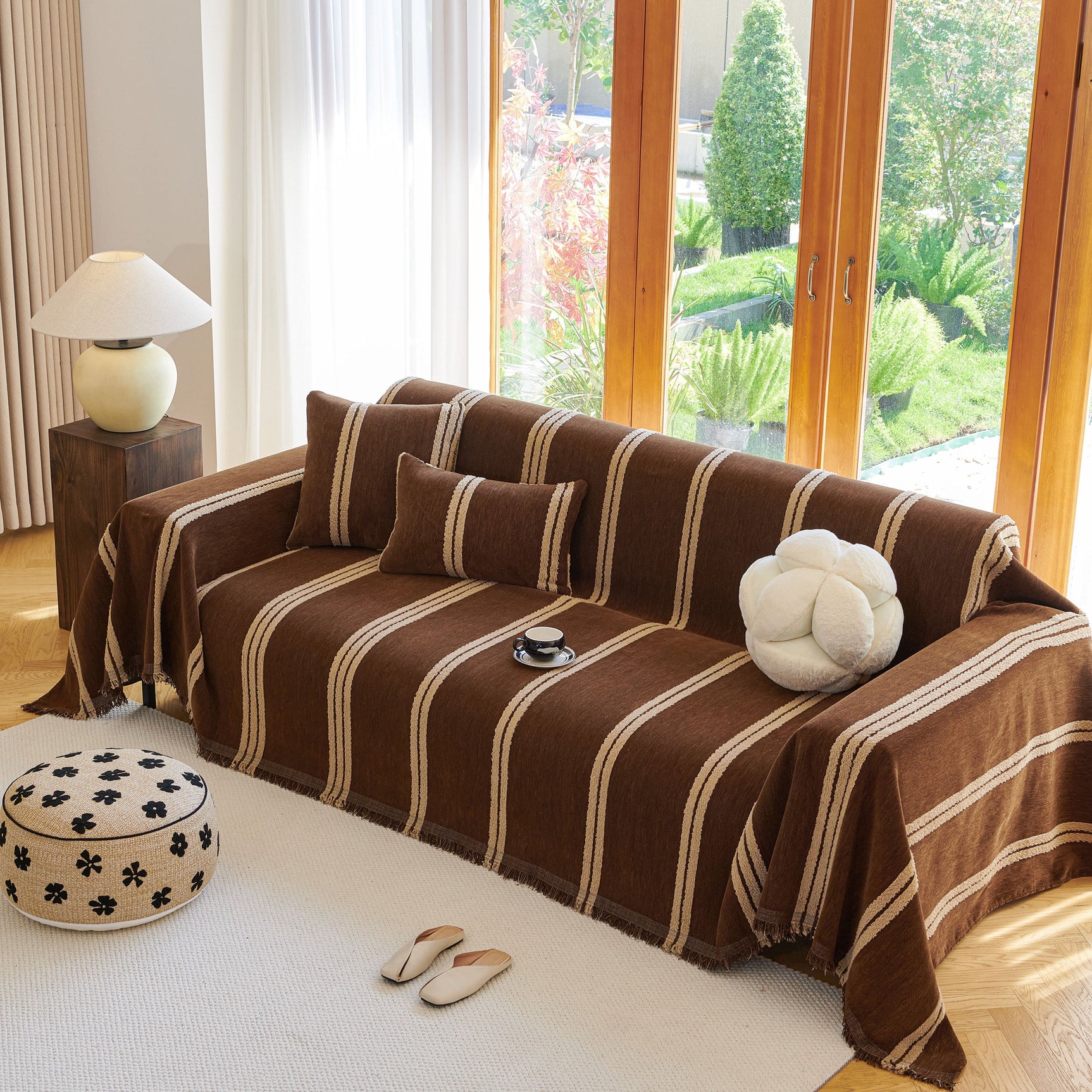 Textural Striped Chenille Sofa Covers, Boho Washable Decor Sofa Blankets Covers - Ornate Home