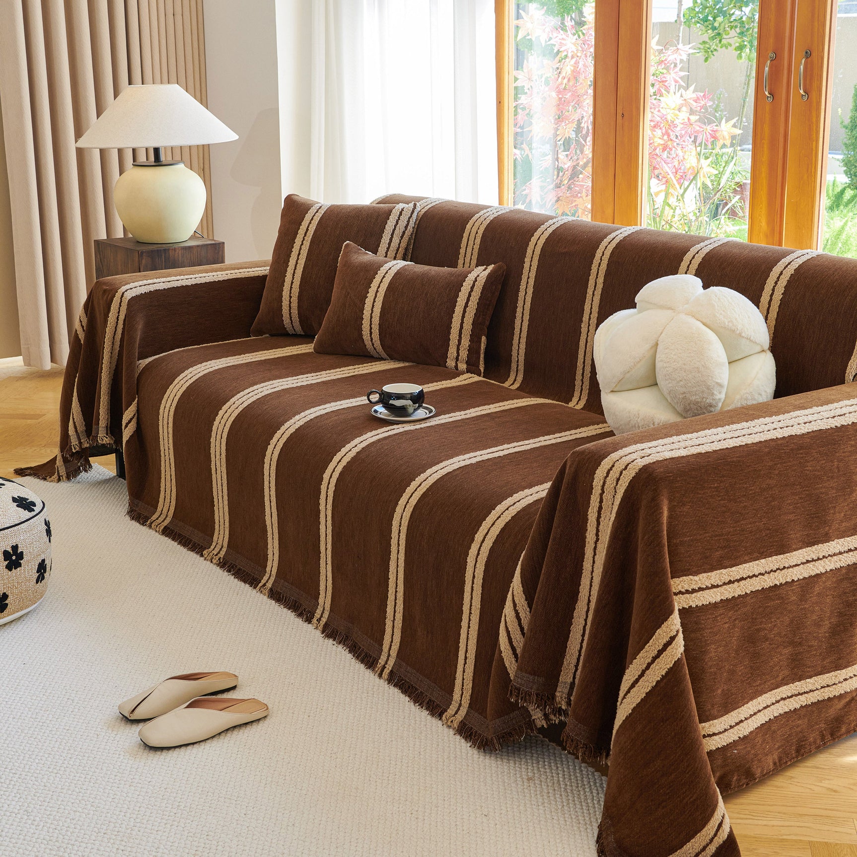 Textural Striped Chenille Sofa Covers, Boho Washable Decor Sofa Blankets Covers - Ornate Home