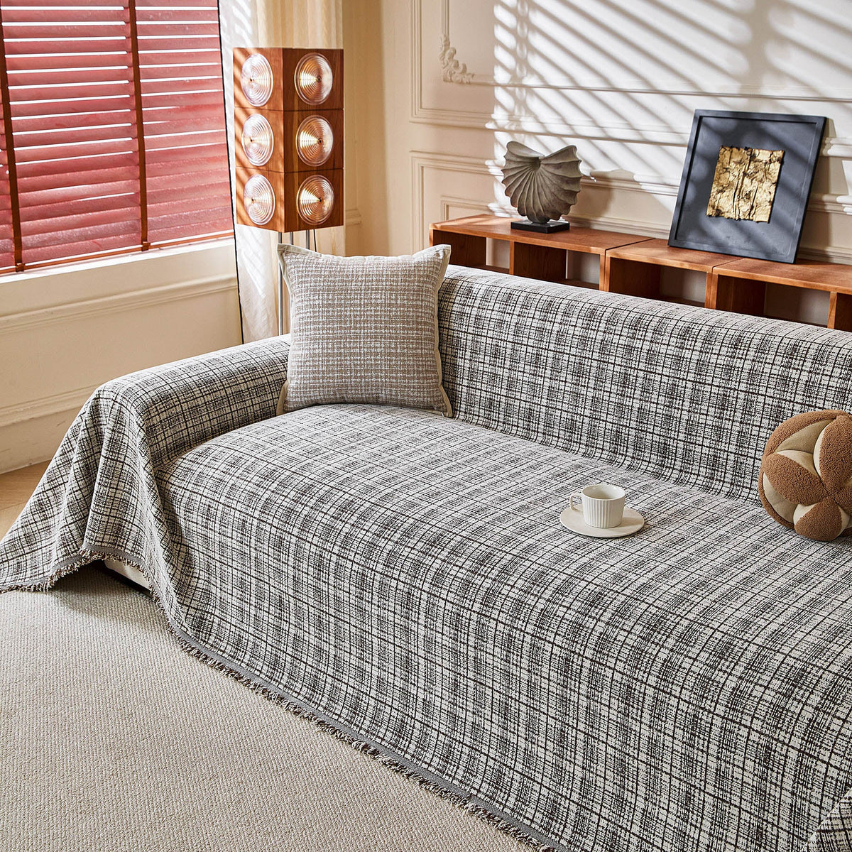 Textured Plaid Couch Throw Cover, Modern Decorative Sectional Furniture Covers - Ornate Home