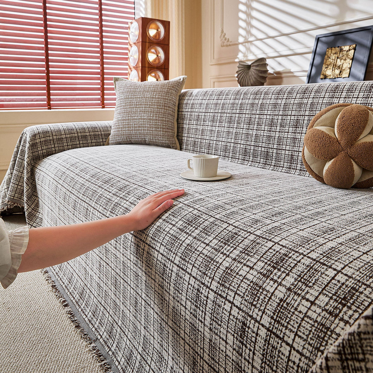 Textured Plaid Couch Throw Cover, Modern Decorative Sectional Furniture Covers - Ornate Home