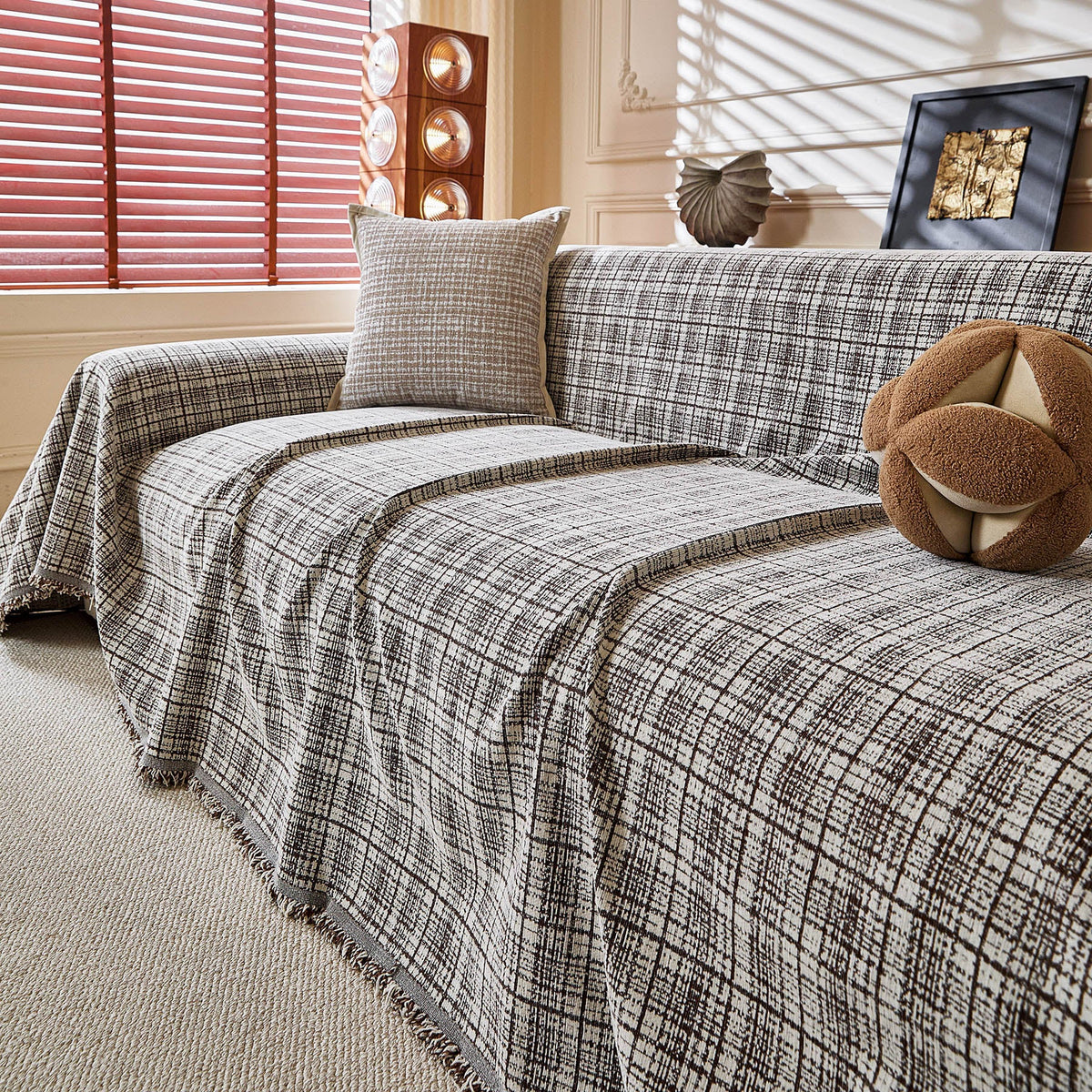 Textured Plaid Couch Throw Cover, Modern Decorative Sectional Furniture Covers - Ornate Home