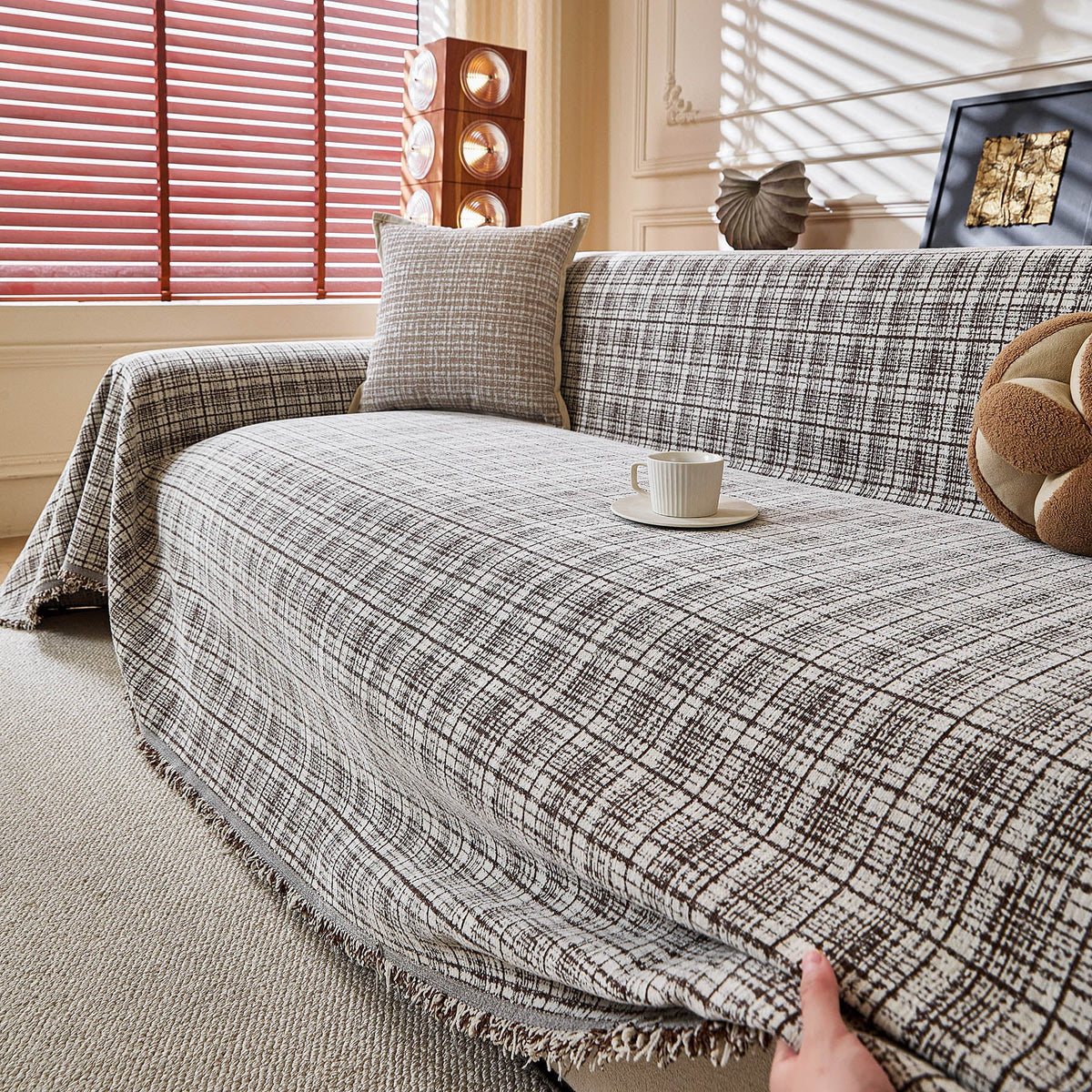 Textured Plaid Couch Throw Cover, Modern Decorative Sectional Furniture Covers - Ornate Home