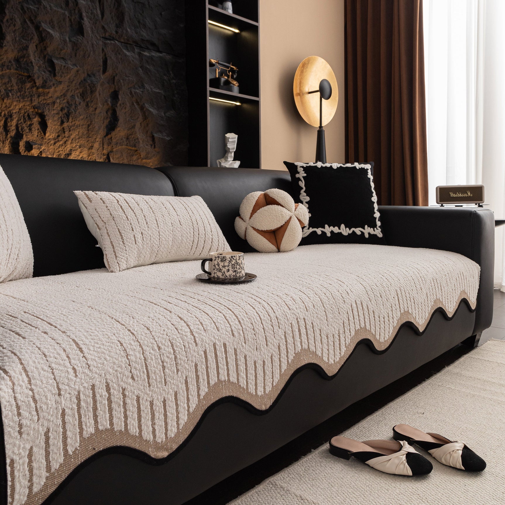 Textured Sofa Seat Cover with Wave Edge – Non-Slip, Washable Couch Throw Protector - Ornate Home