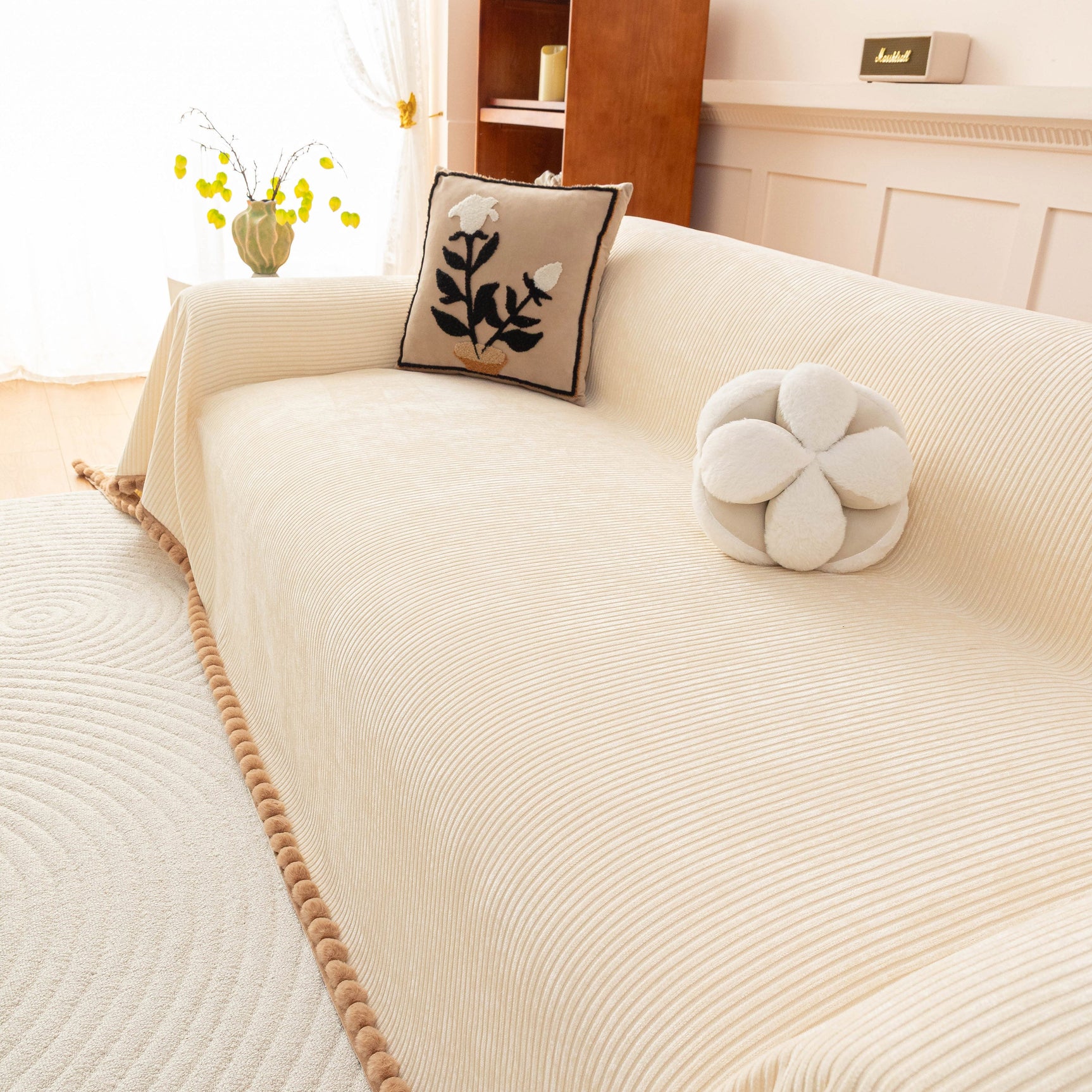 Textured Striped Cozy Couch Cover Throw Blanket with Pom Pom Trim for Sectional Sofa - Ornate Home