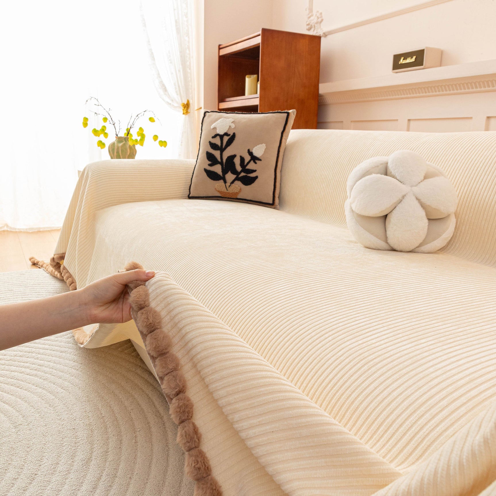 Textured Striped Cozy Couch Cover Throw Blanket with Pom Pom Trim for Sectional Sofa - Ornate Home