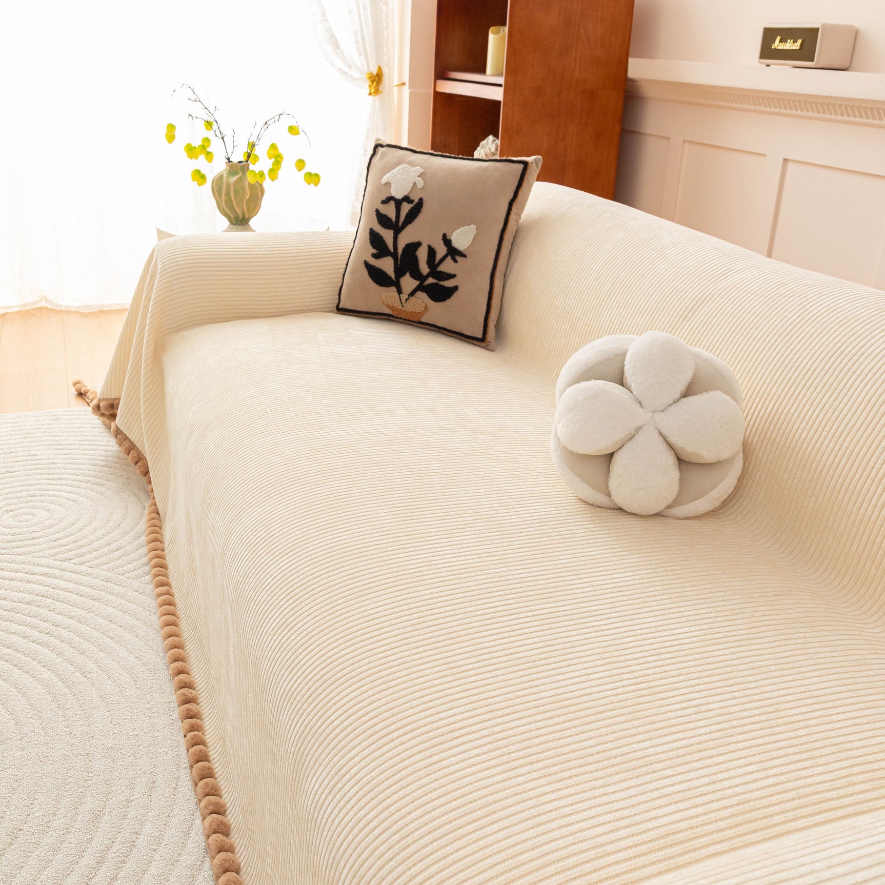 Textured Striped Cozy Couch Cover Throw Blanket with Pom Pom Trim for Sectional Sofa - Ornate Home