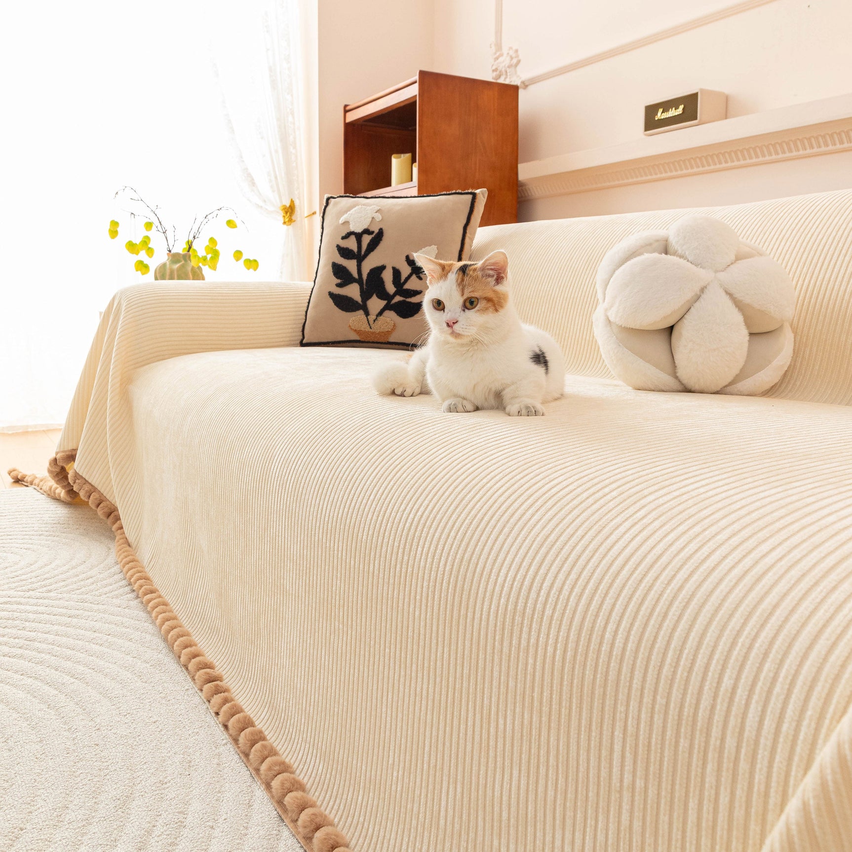 Textured Striped Cozy Couch Cover Throw Blanket with Pom Pom Trim for Sectional Sofa - Ornate Home