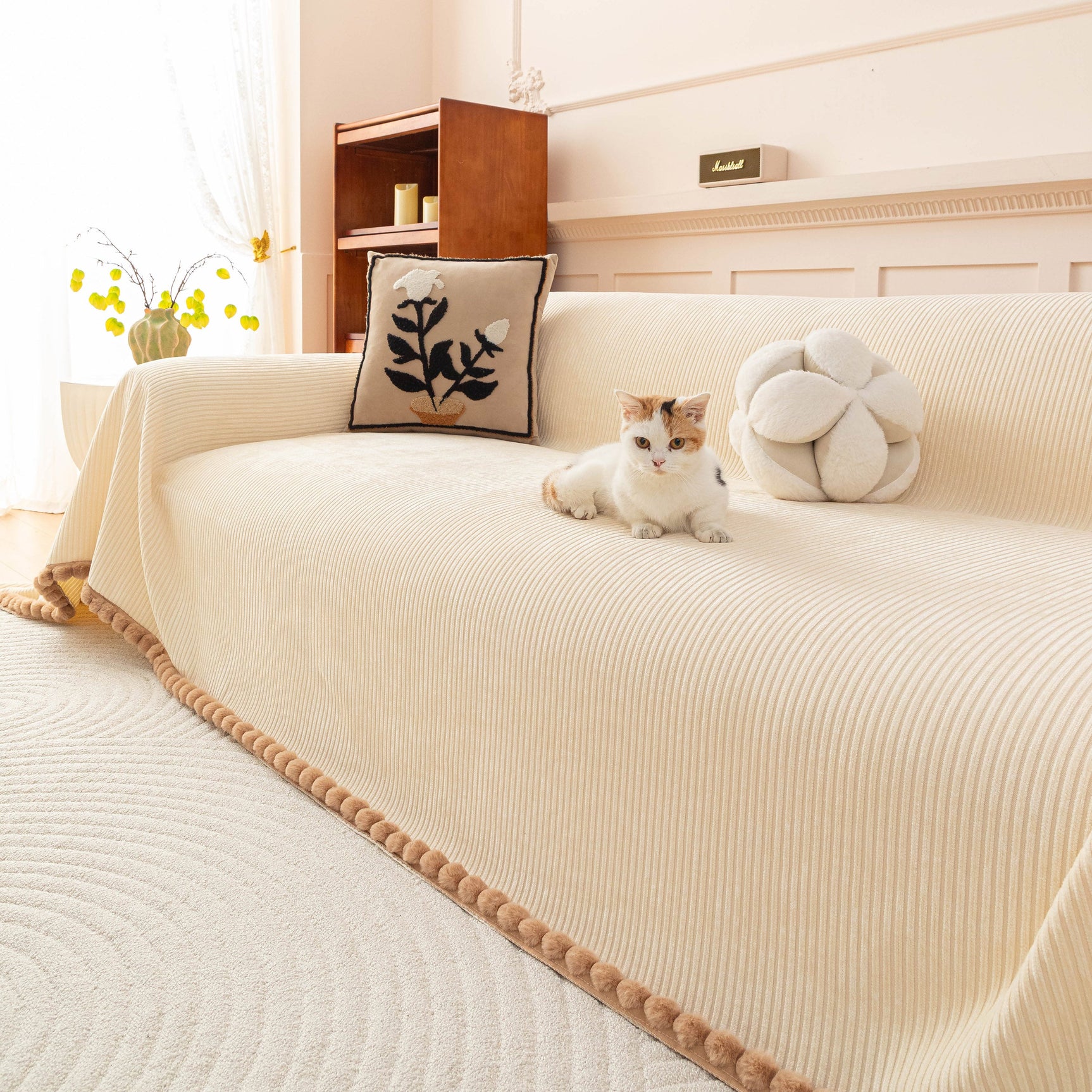 Textured Striped Cozy Couch Cover Throw Blanket with Pom Pom Trim for Sectional Sofa - Ornate Home