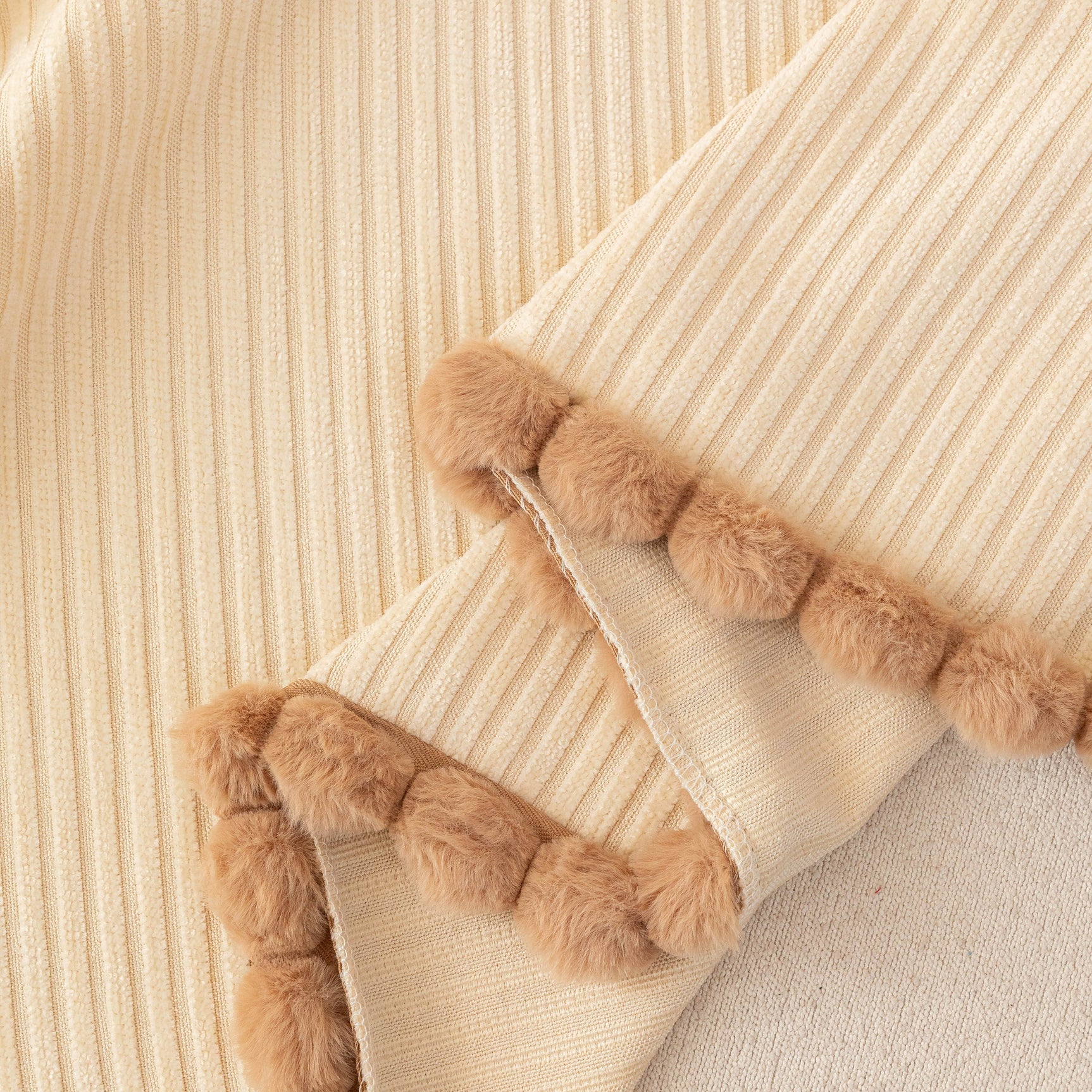 Textured Striped Cozy Couch Cover Throw Blanket with Pom Pom Trim for Sectional Sofa - Ornate Home