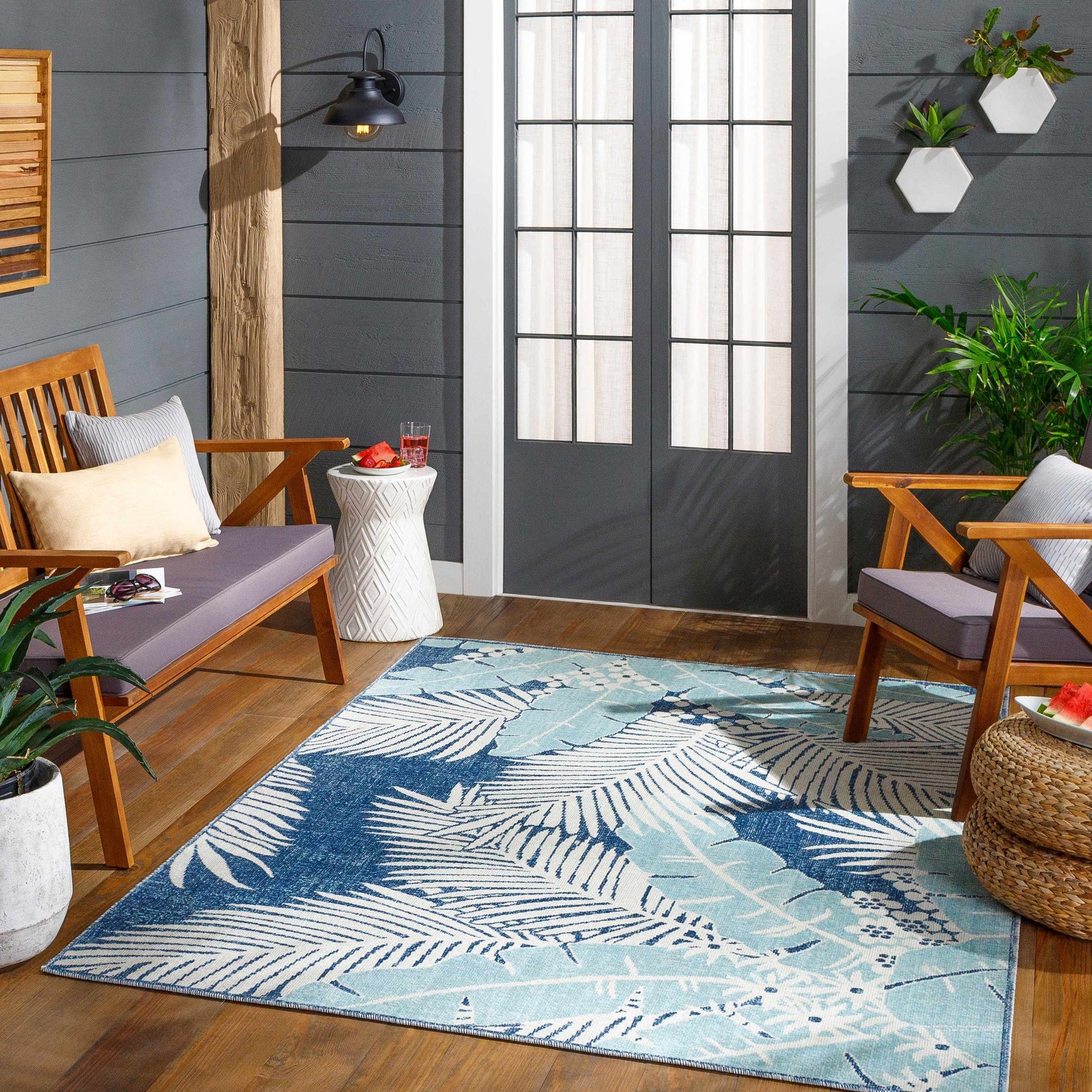 Thebarton Coastal Blue Palm Outdoor Area Rug - Ornate Home