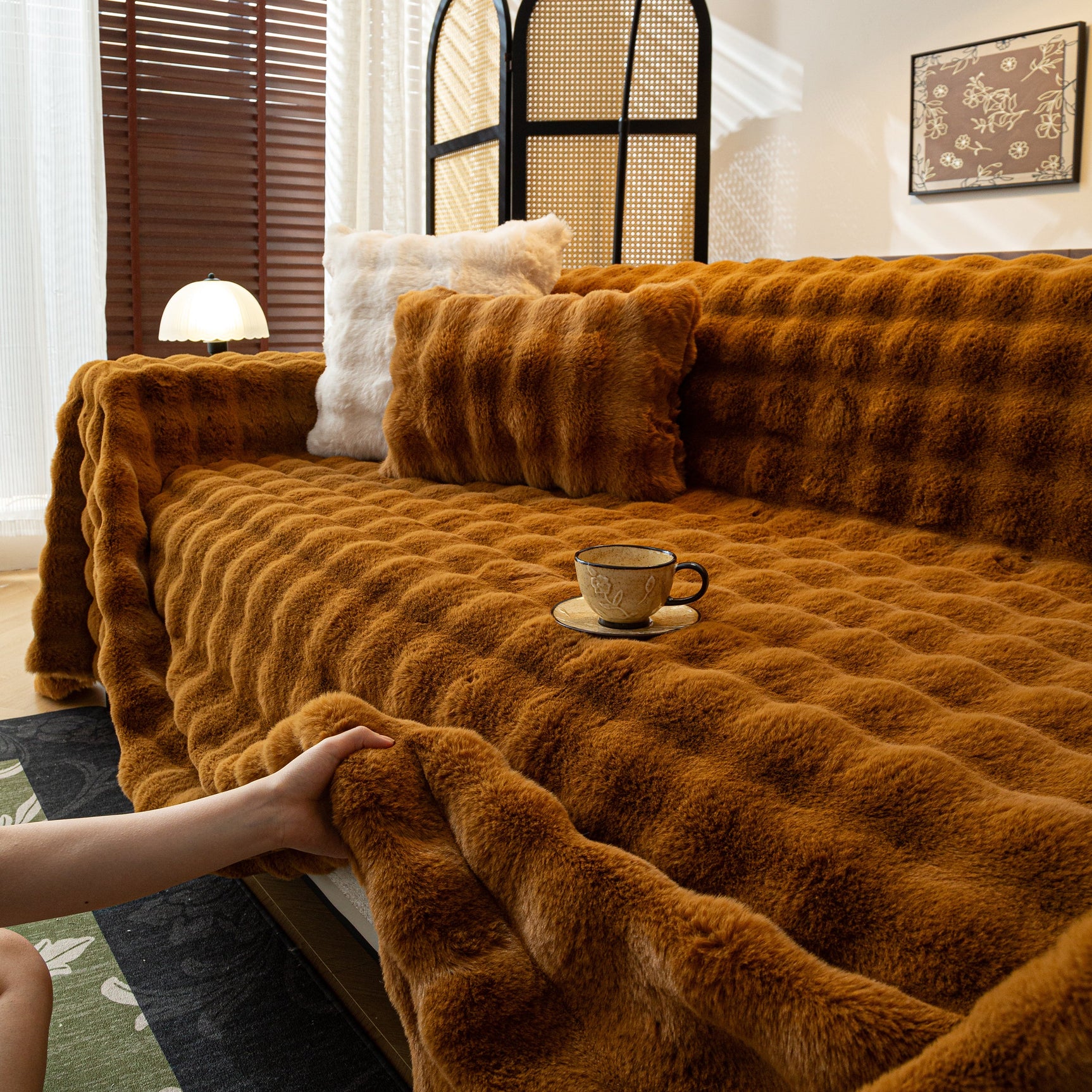 Thick Faux Fur Sofa Cover Fluffy Plush Warm Sofa Slipcover Furniture Protector for Couch Bed - Ornate Home