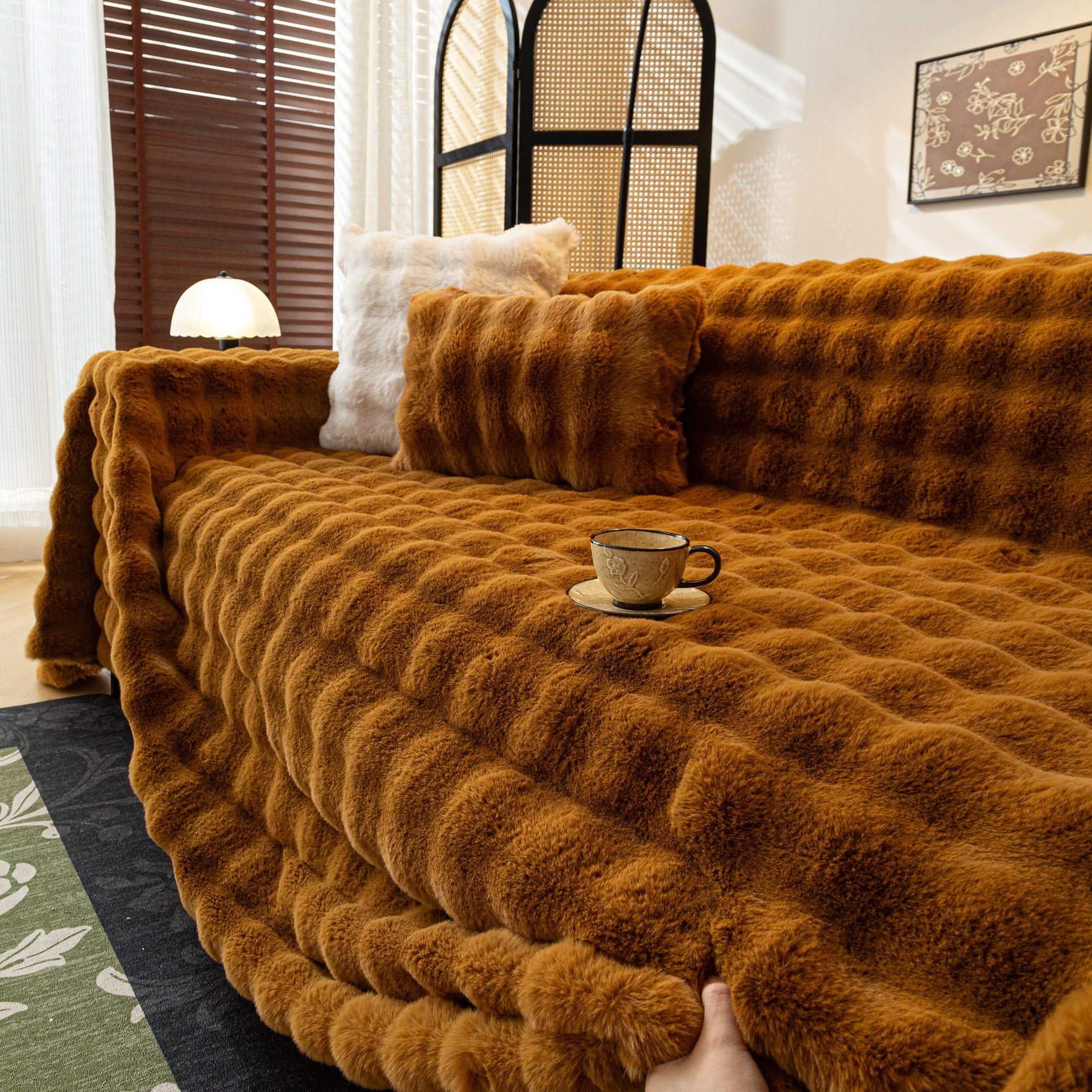 Thick Faux Fur Sofa Cover Fluffy Plush Warm Sofa Slipcover Furniture Protector for Couch Bed - Ornate Home