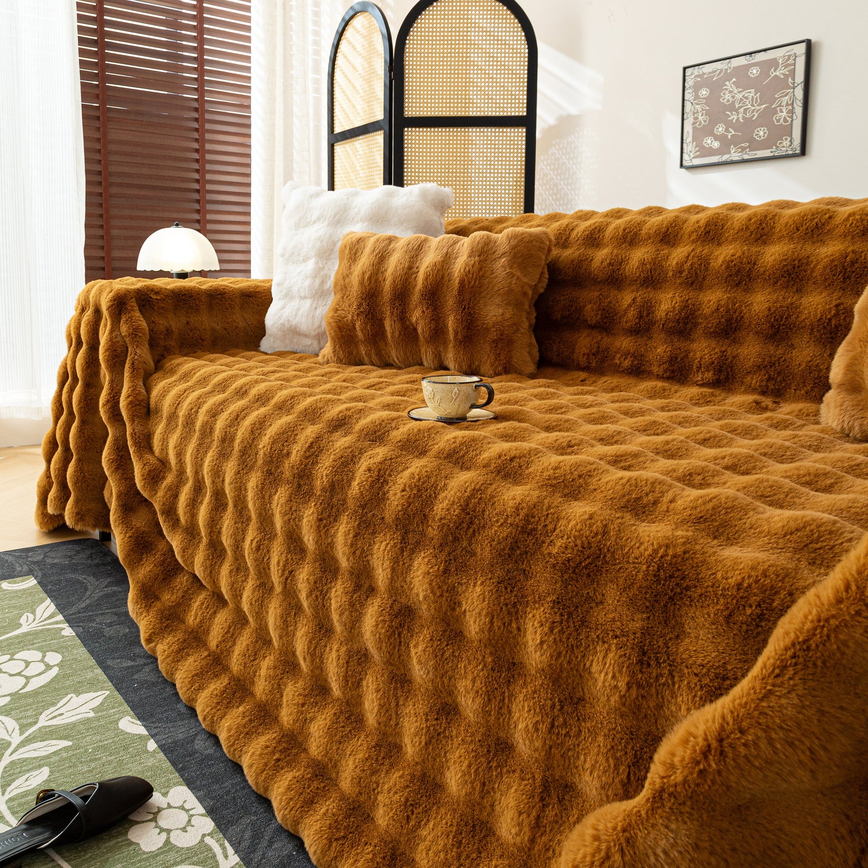 Thick Faux Fur Sofa Cover Fluffy Plush Warm Sofa Slipcover Furniture Protector for Couch Bed - Ornate Home