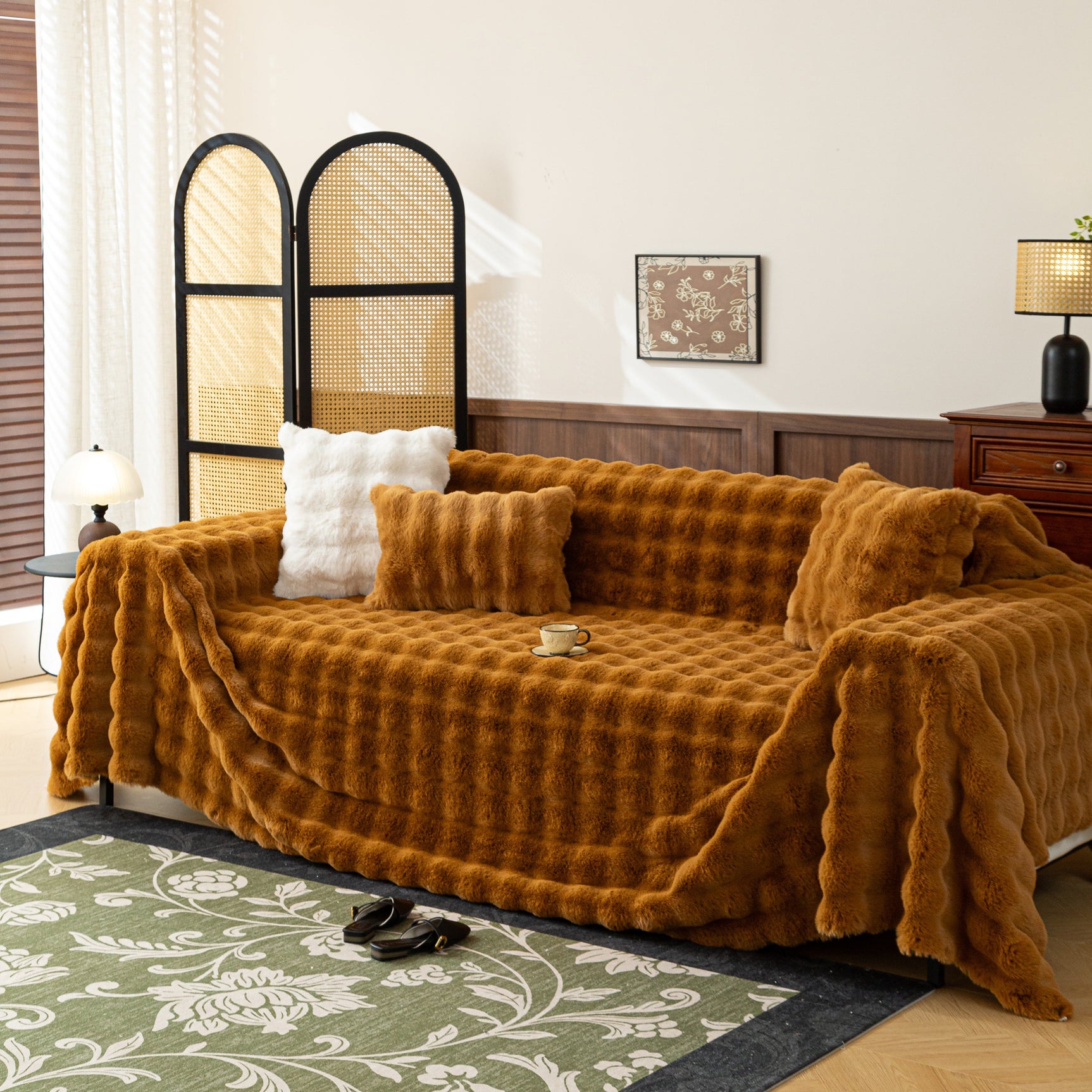 Thick Faux Fur Sofa Cover Fluffy Plush Warm Sofa Slipcover Furniture Protector for Couch Bed - Ornate Home