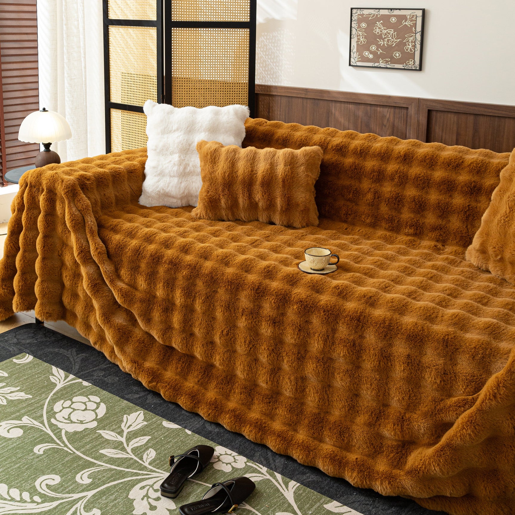 Thick Faux Fur Sofa Cover Fluffy Plush Warm Sofa Slipcover Furniture Protector for Couch Bed - Ornate Home