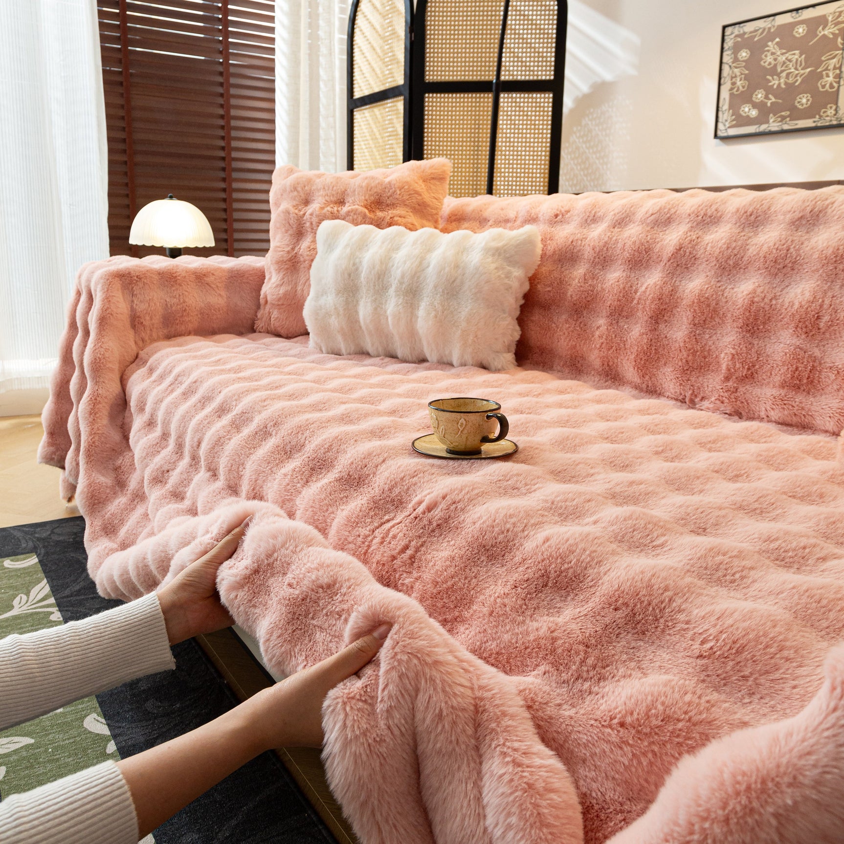 Thick Faux Fur Sofa Cover Fluffy Plush Warm Sofa Slipcover Furniture Protector for Couch Bed - Ornate Home
