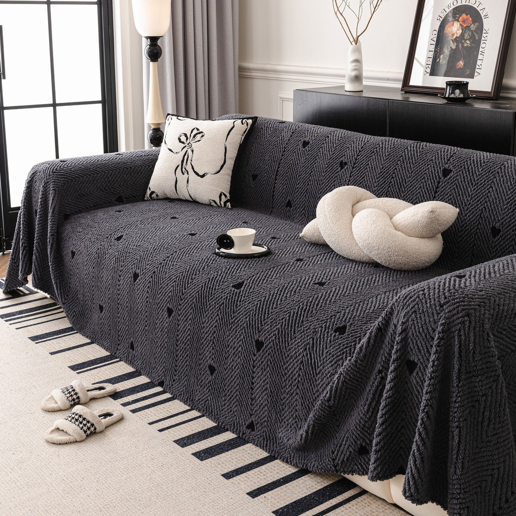 Thick Plush Sofa Cover Throw for Couch, 3D Textured Herringbone Washable Slipcover - Ornate Home