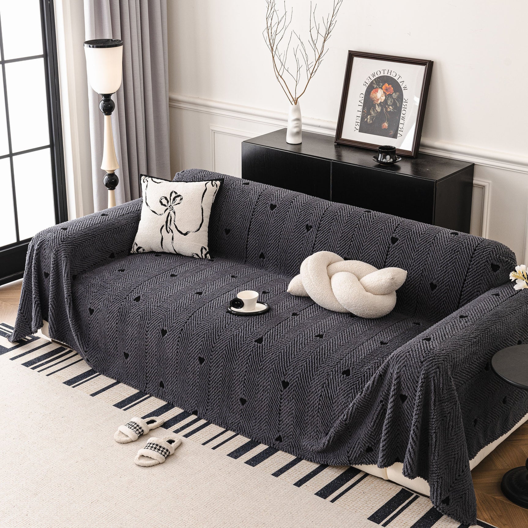 Thick Plush Sofa Cover Throw for Couch, 3D Textured Herringbone Washable Slipcover - Ornate Home