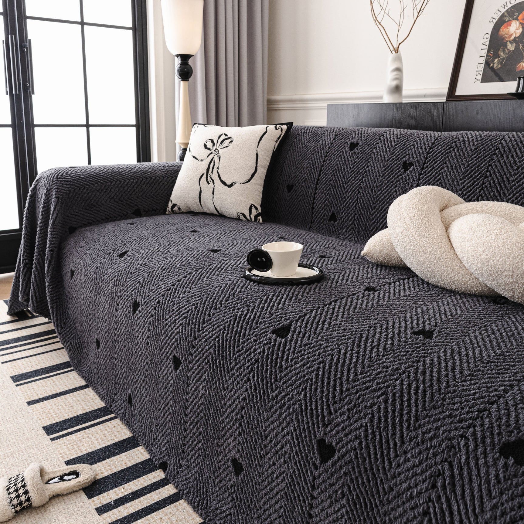 Thick Plush Sofa Cover Throw for Couch, 3D Textured Herringbone Washable Slipcover - Ornate Home