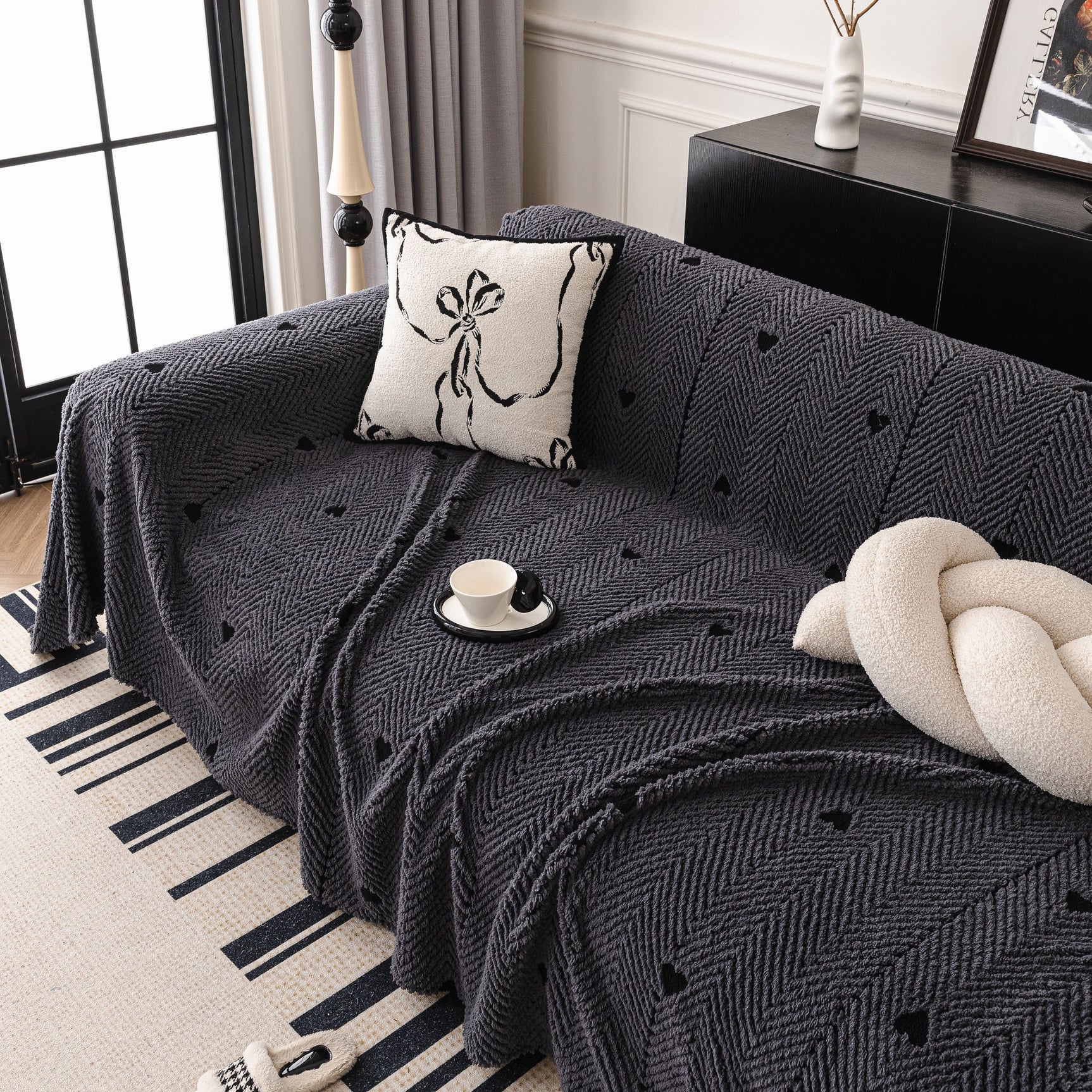 Thick Plush Sofa Cover Throw for Couch, 3D Textured Herringbone Washable Slipcover - Ornate Home