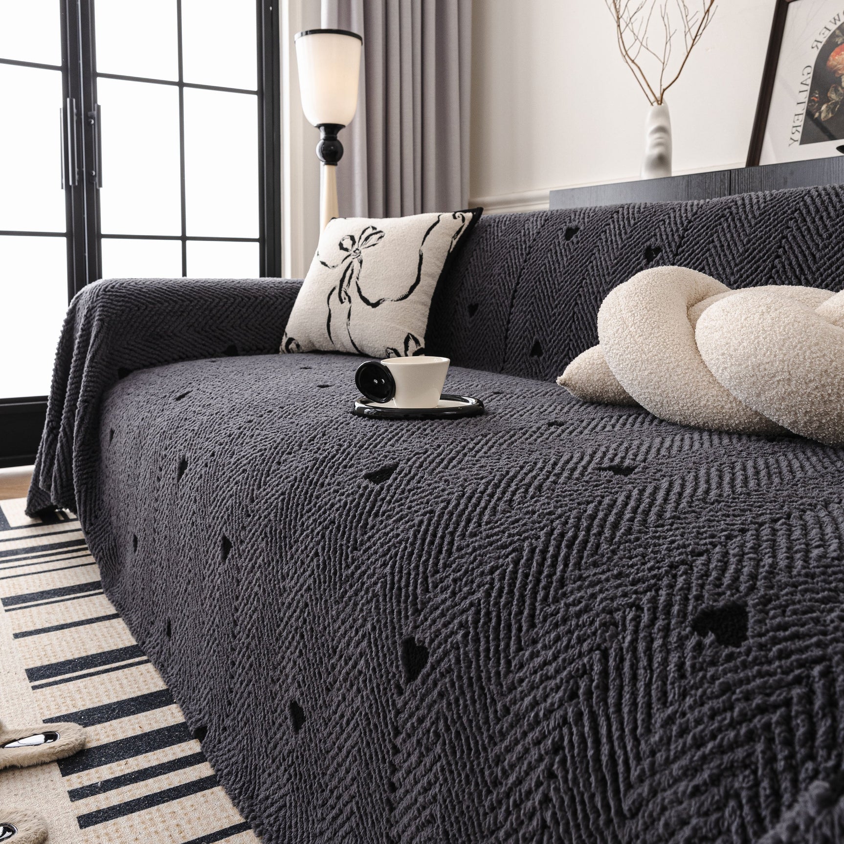 Thick Plush Sofa Cover Throw for Couch, 3D Textured Herringbone Washable Slipcover - Ornate Home
