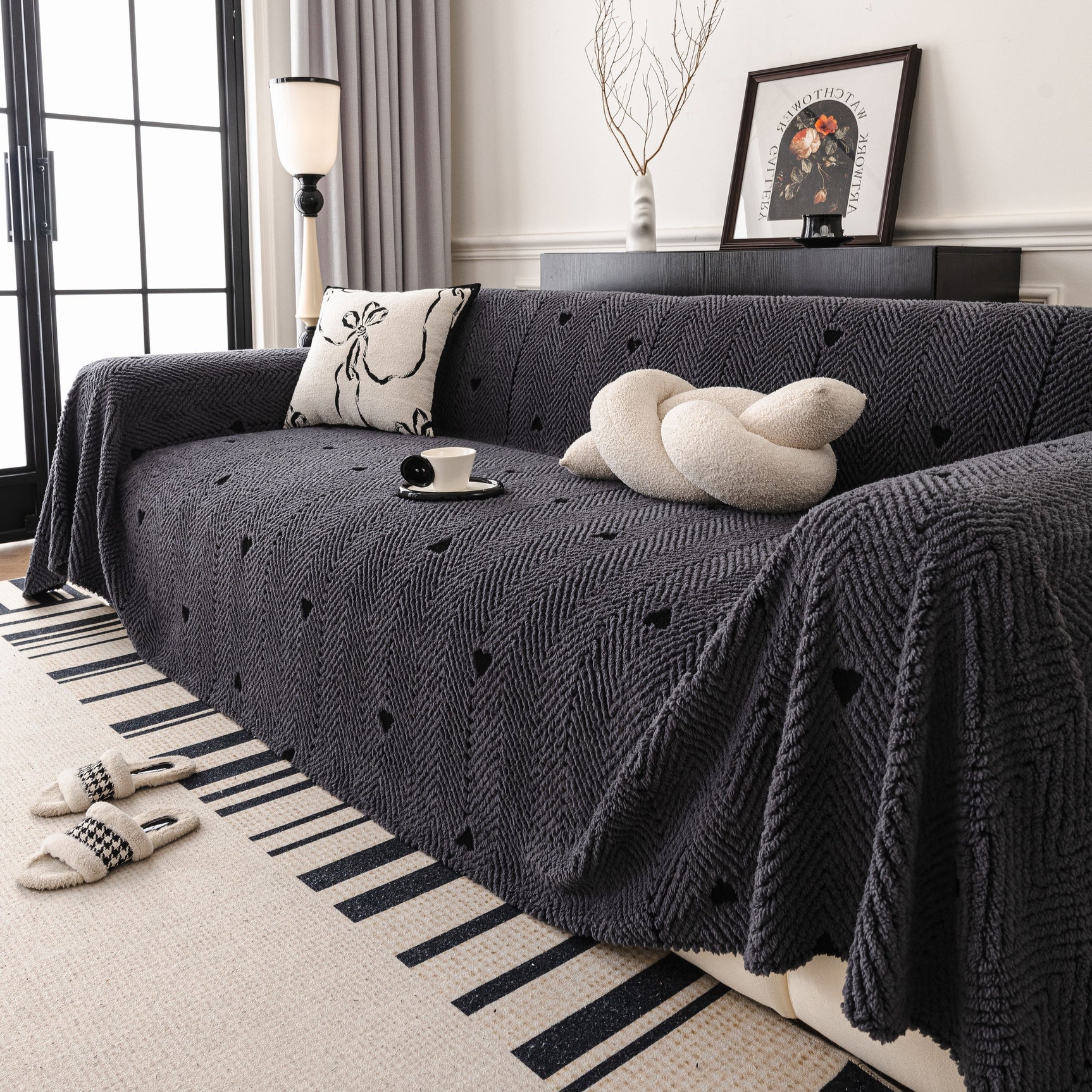 Thick Plush Sofa Cover Throw for Couch, 3D Textured Herringbone Washable Slipcover - Ornate Home