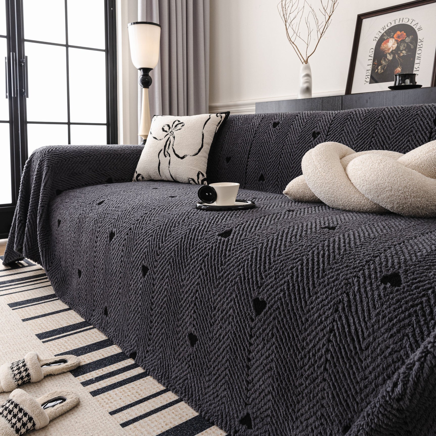 Thick Plush Sofa Cover Throw for Couch, 3D Textured Herringbone Washable Slipcover - Ornate Home
