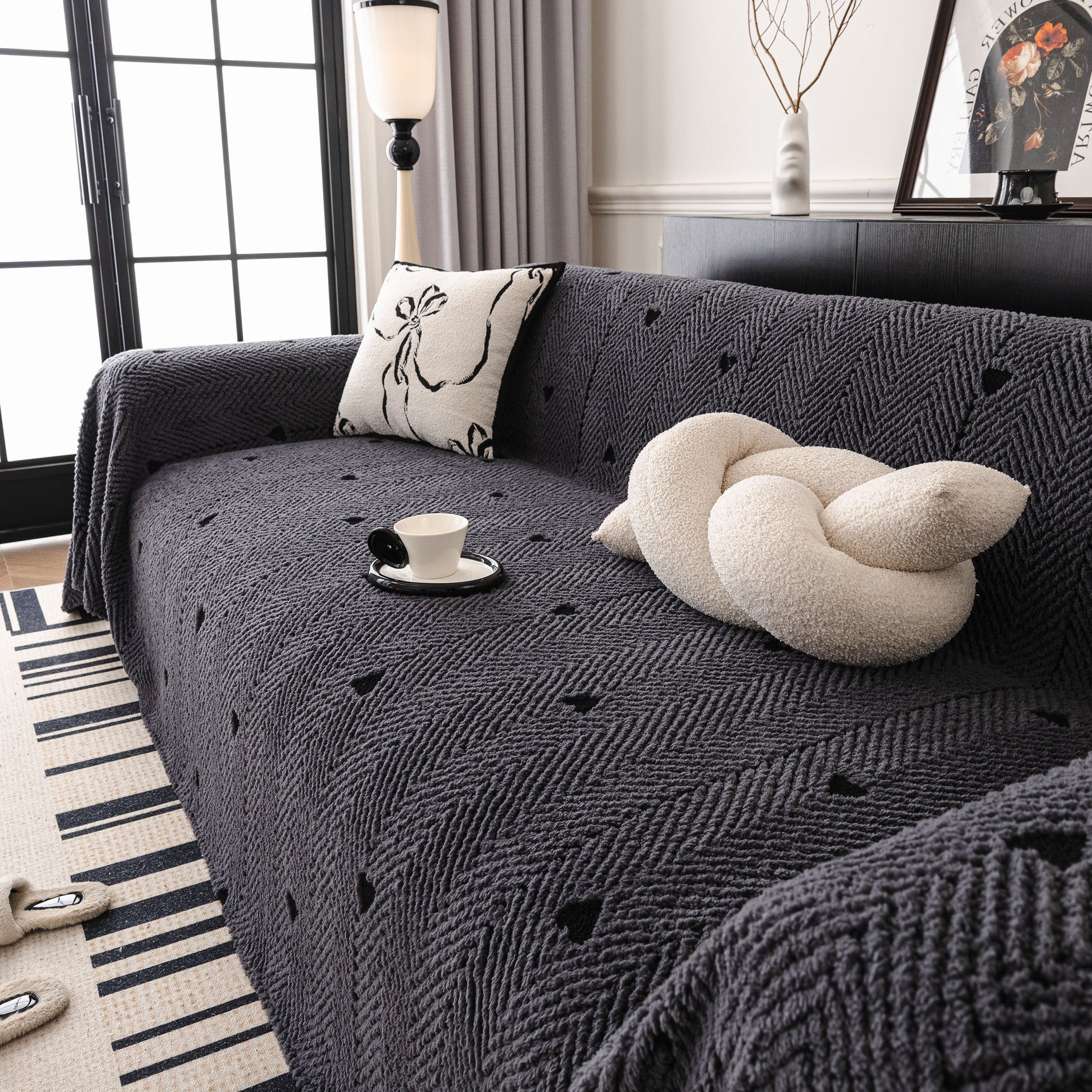 Thick Plush Sofa Cover Throw for Couch, 3D Textured Herringbone Washable Slipcover - Ornate Home