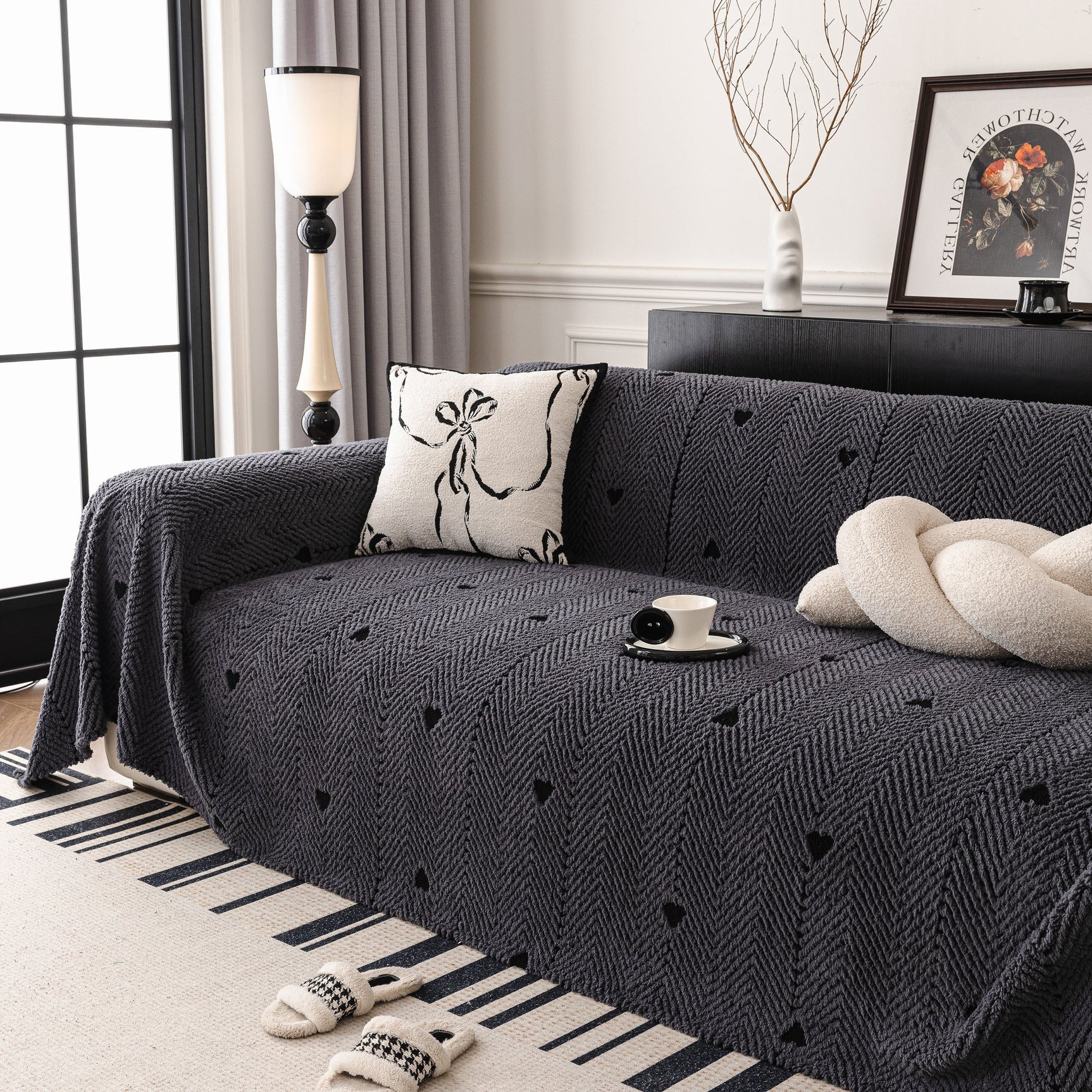 Thick Plush Sofa Cover Throw for Couch, 3D Textured Herringbone Washable Slipcover - Ornate Home